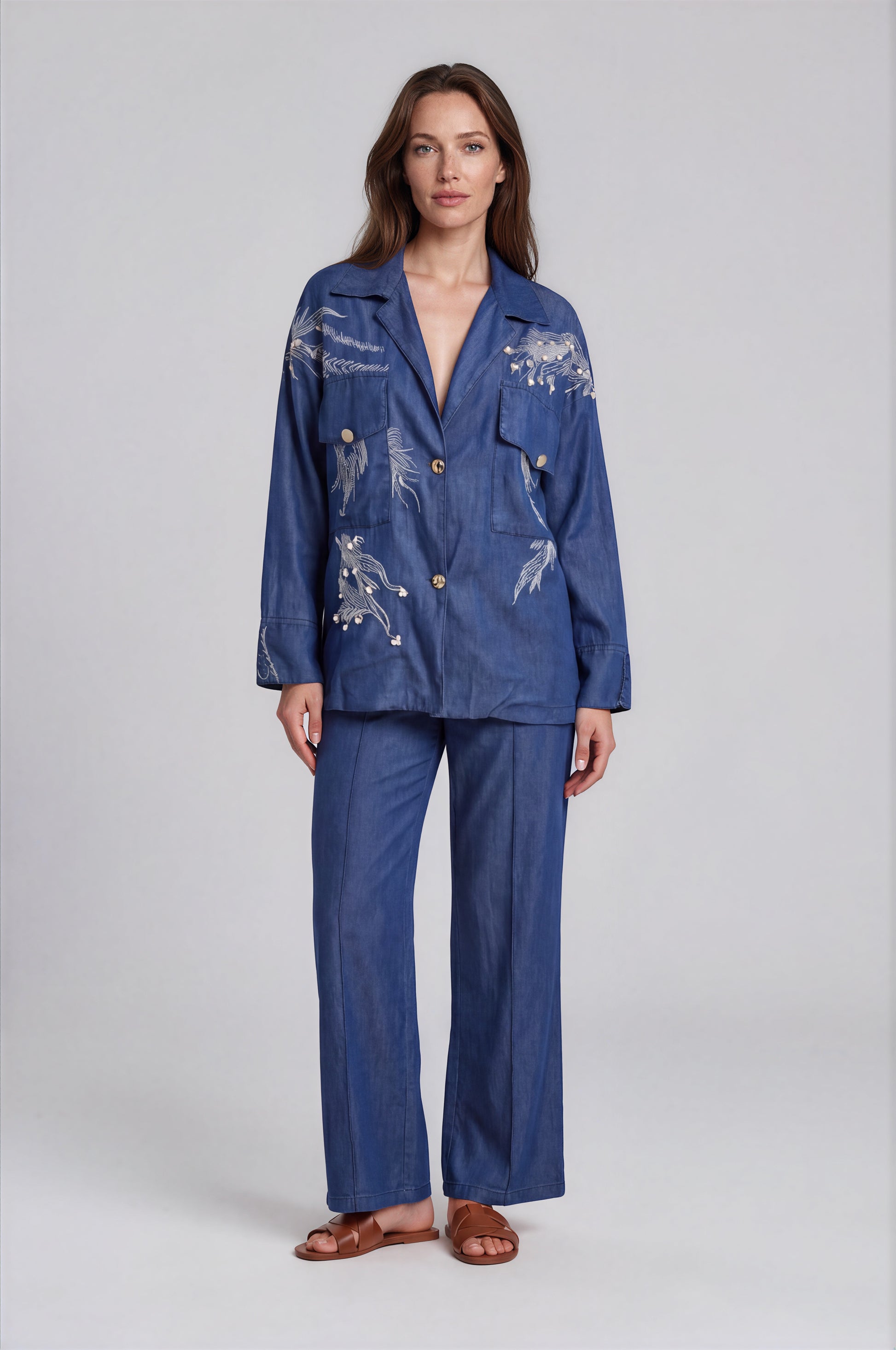 Embroidered Denim Jacket & Wide-Leg Pants Set