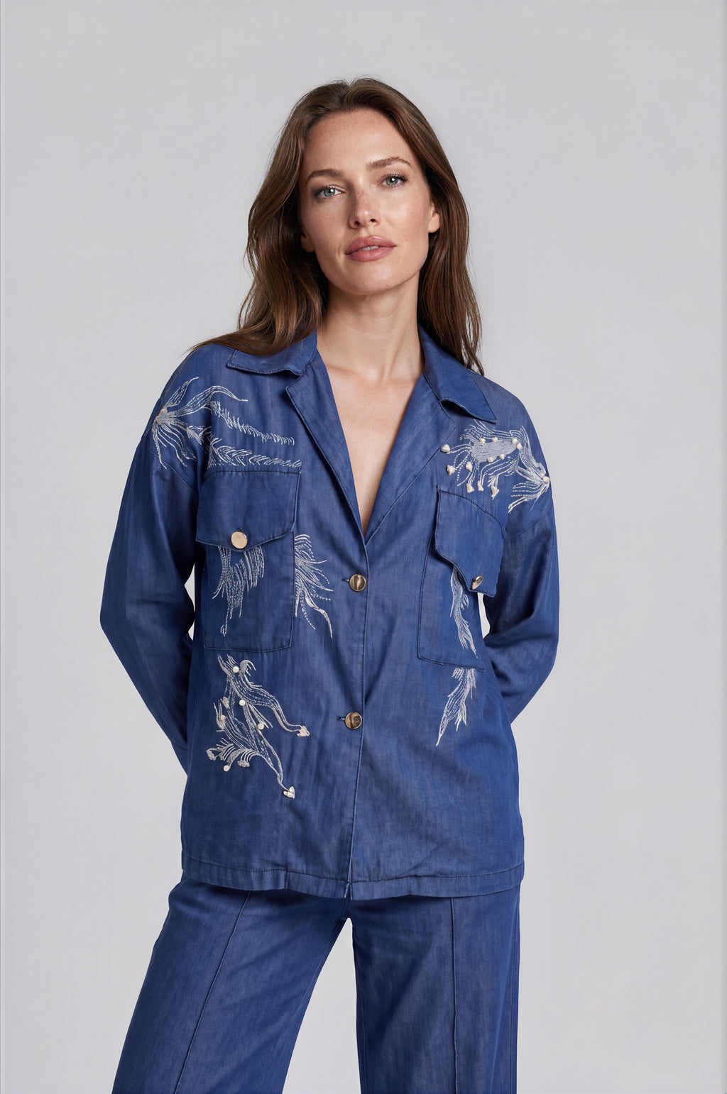 Embroidered Denim Jacket & Wide-Leg Pants Set