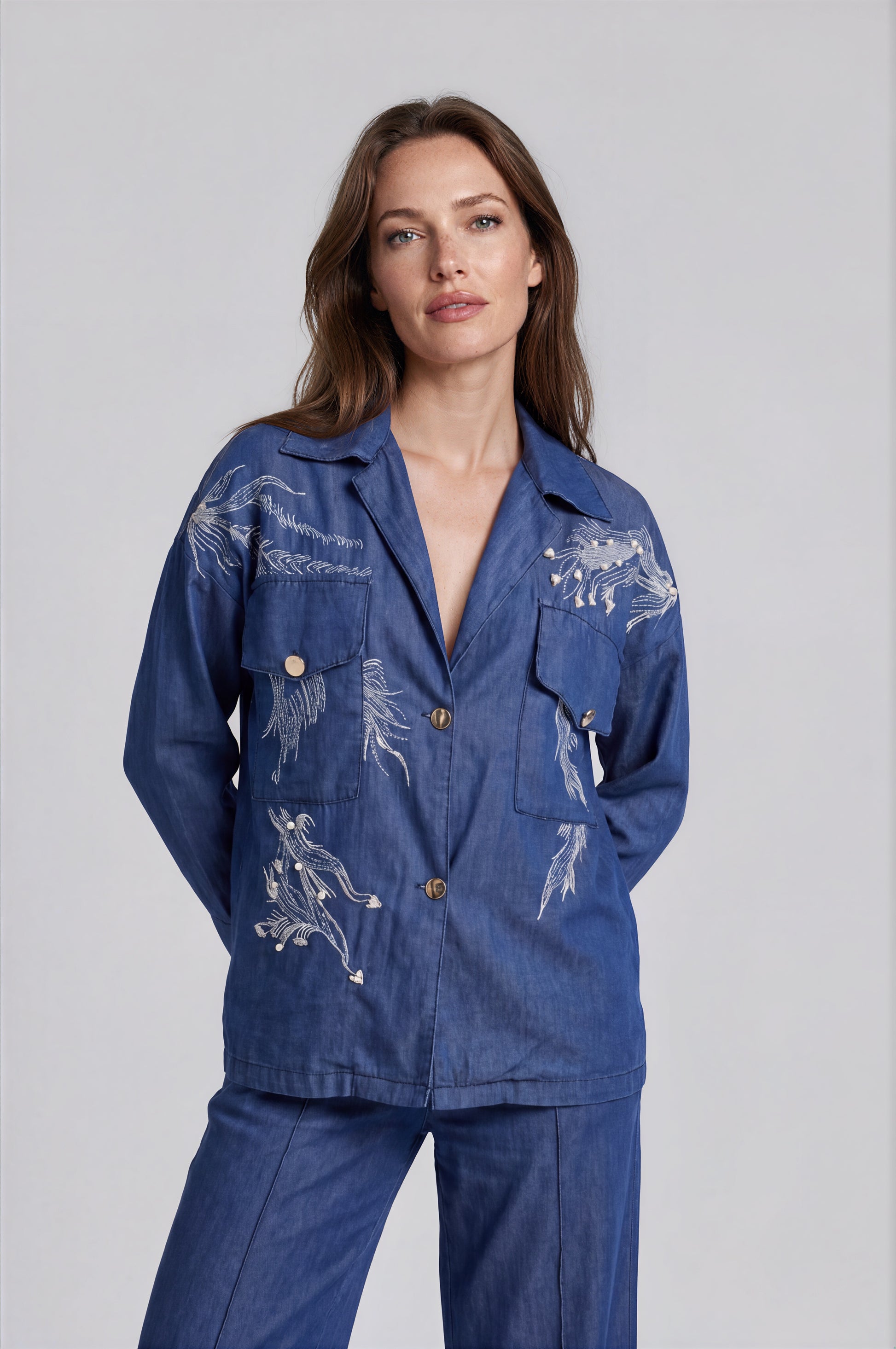 Embroidered Denim Jacket & Wide-Leg Pants Set