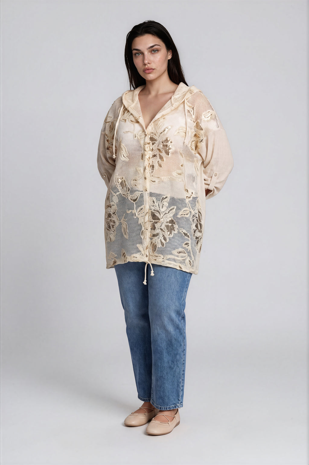 Floral Mesh Lace Hooded Jacket