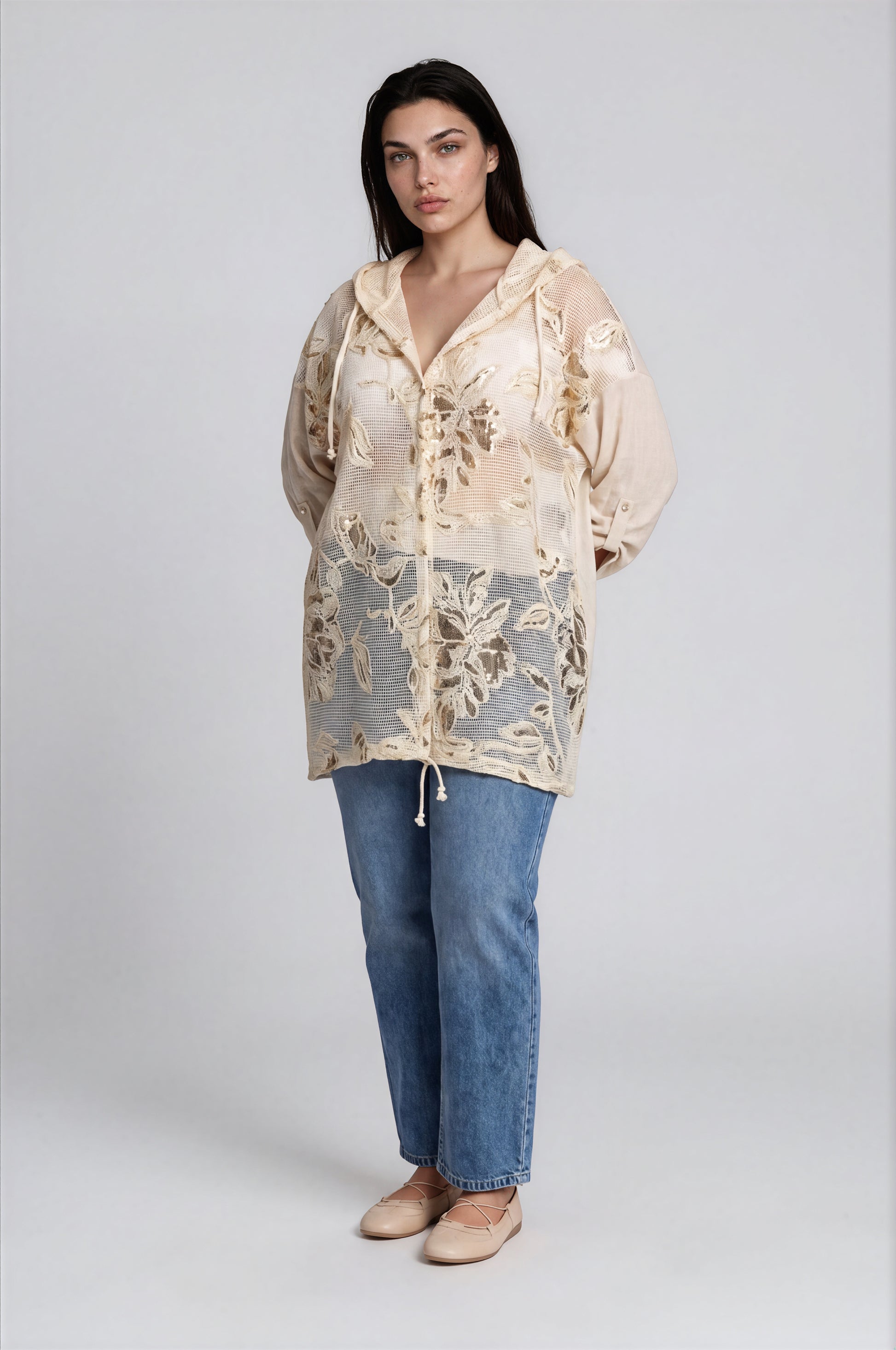 Floral Mesh Lace Hooded Jacket