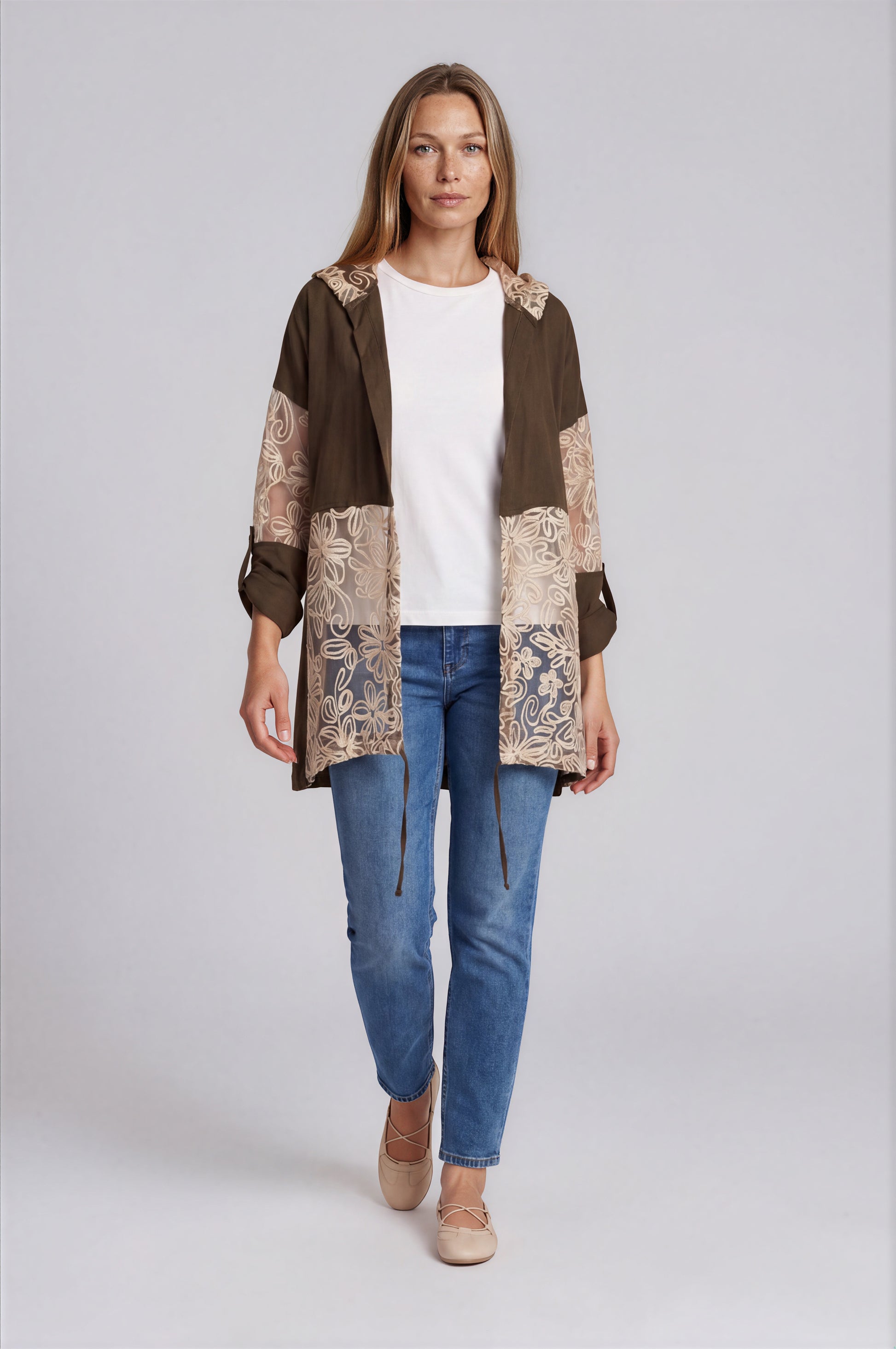 Hooded Jacket with Sheer Floral Embroidered Panel