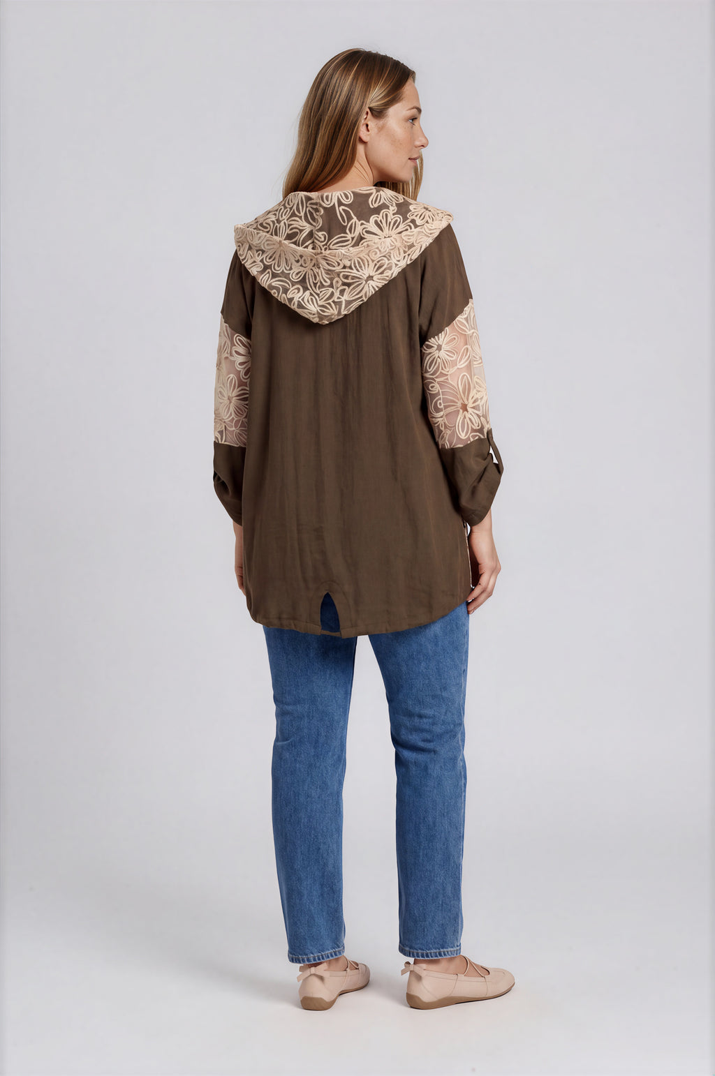 Hooded Jacket with Sheer Floral Embroidered Panel
