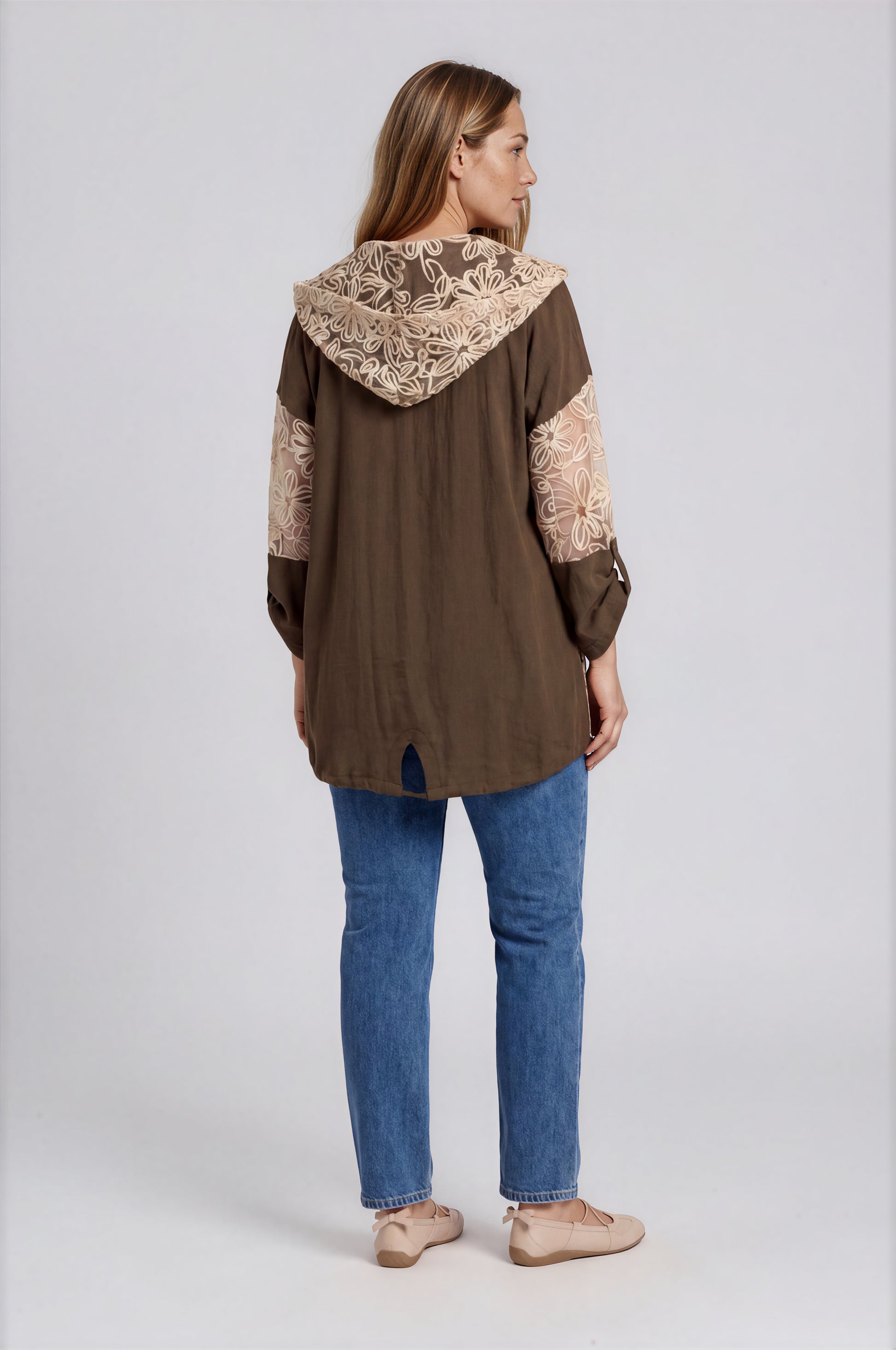 Hooded Jacket with Sheer Floral Embroidered Panel