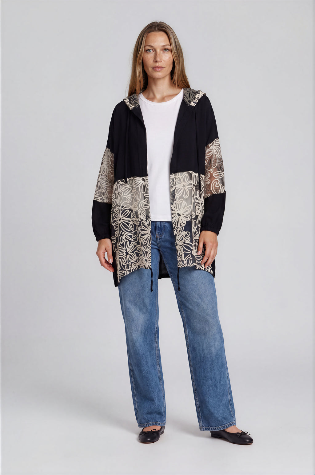 Hooded Jacket with Sheer Floral Embroidered Panel