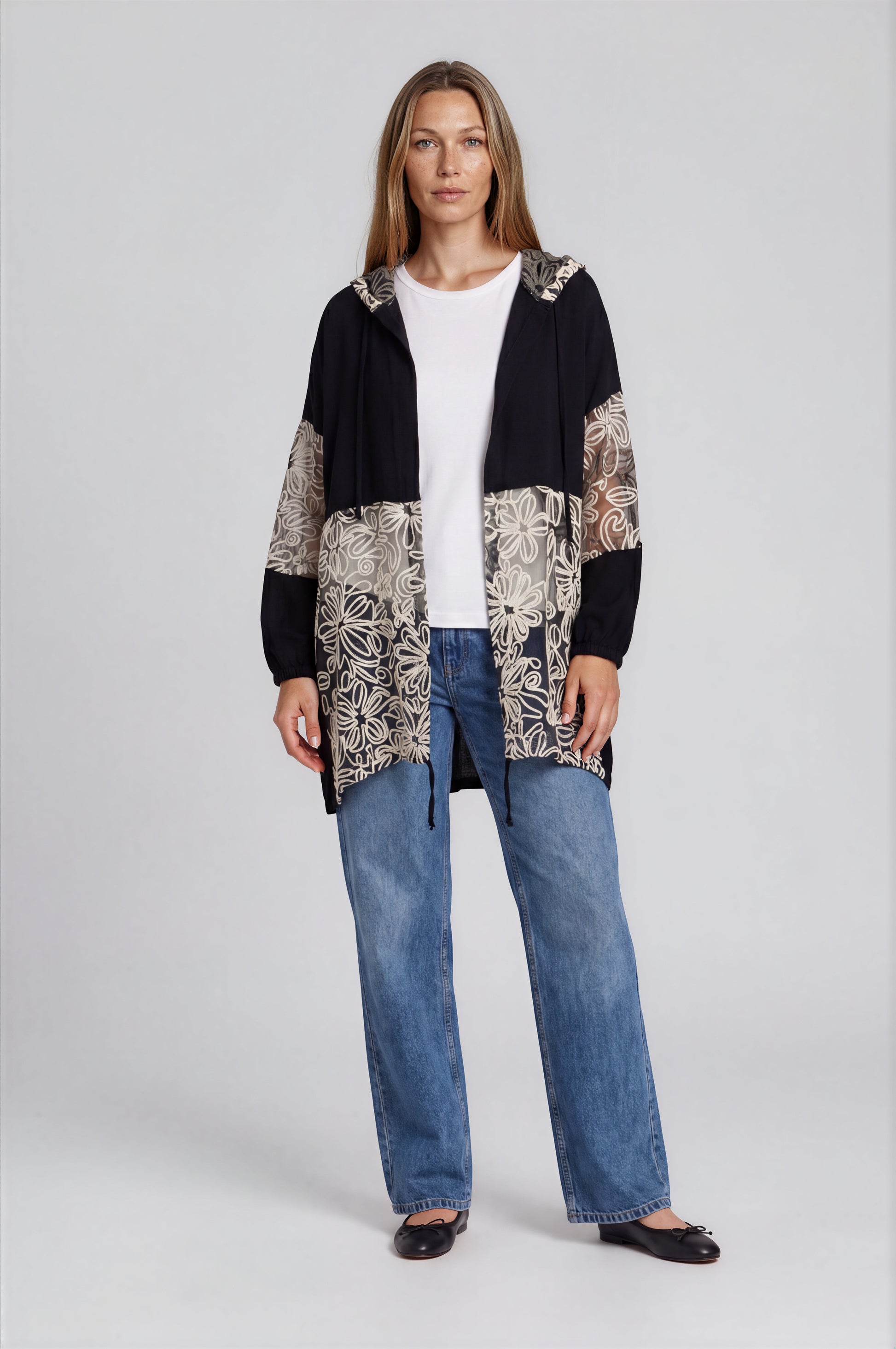 Hooded Jacket with Sheer Floral Embroidered Panel