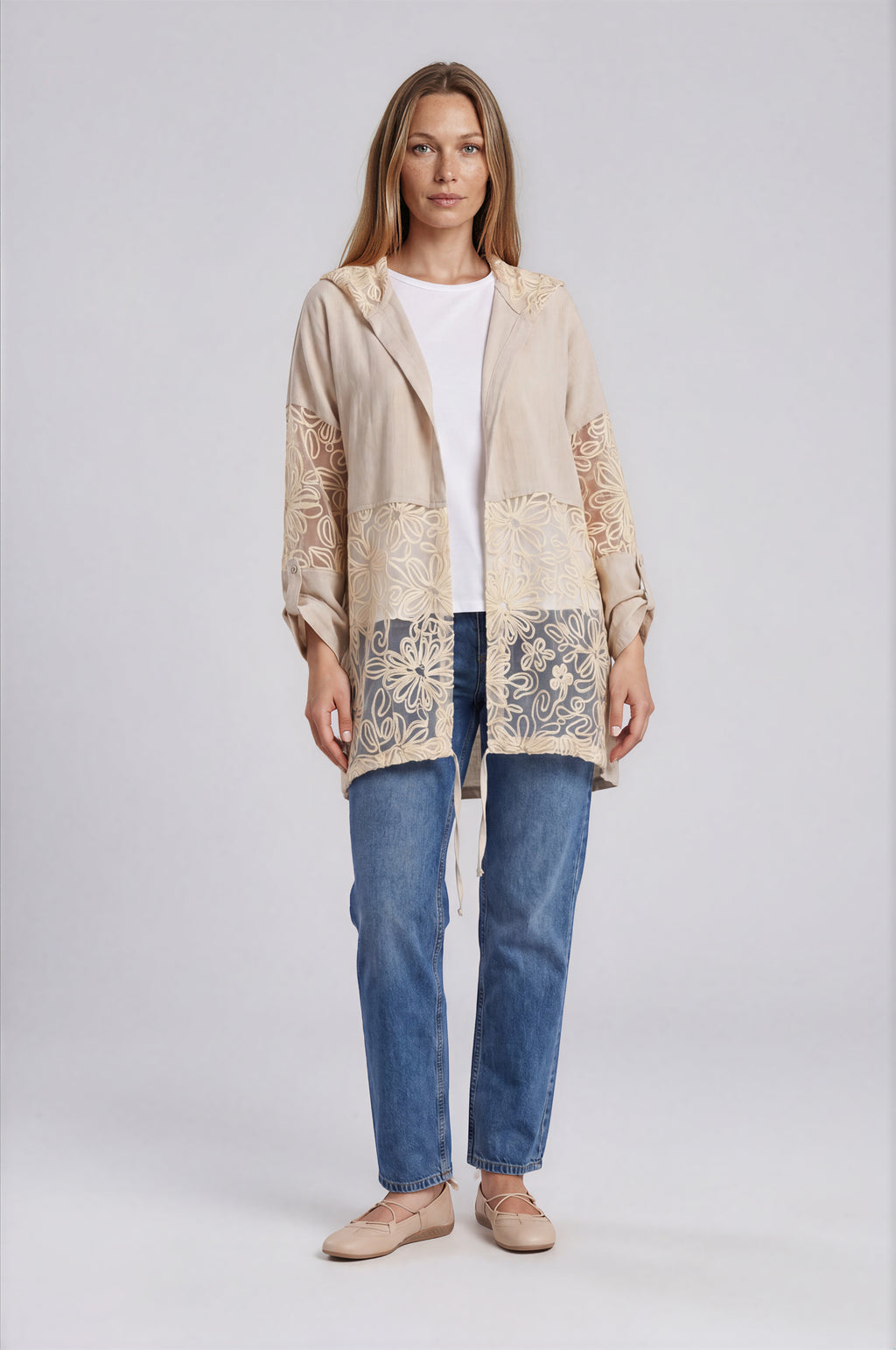 Hooded Jacket with Sheer Floral Embroidered Panel