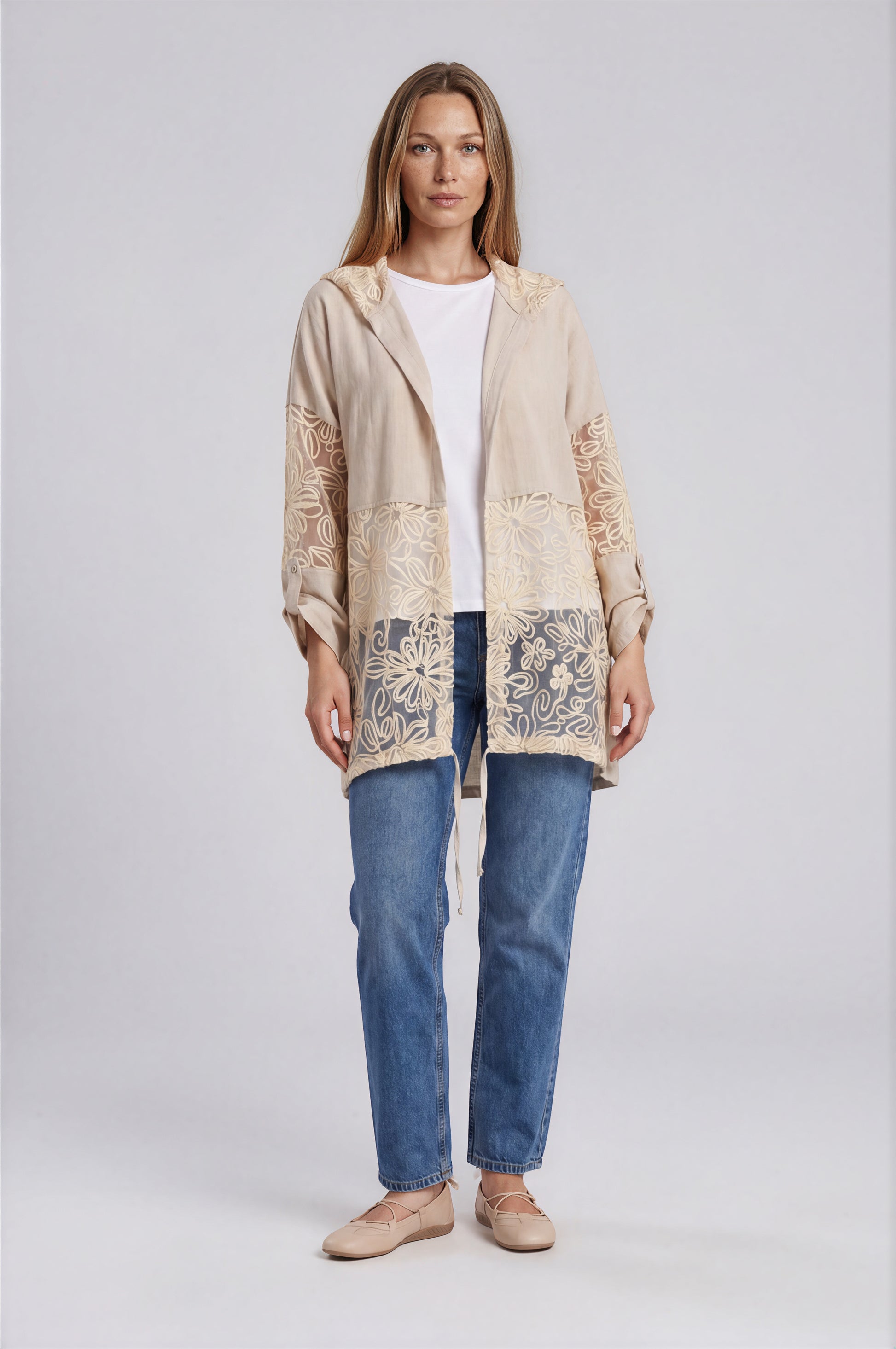 Hooded Jacket with Sheer Floral Embroidered Panel