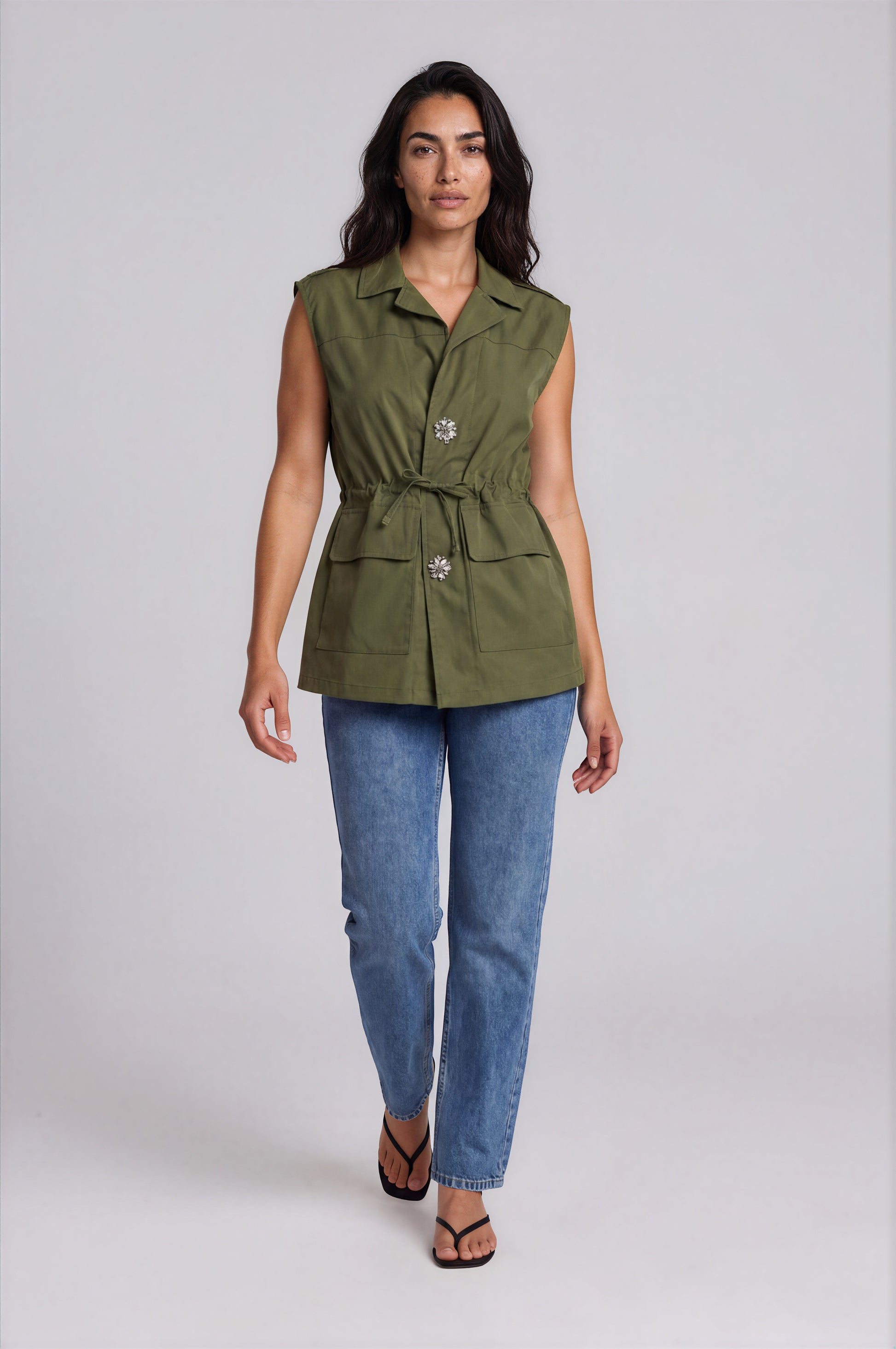 Utility Vest with Jewel Button Detail