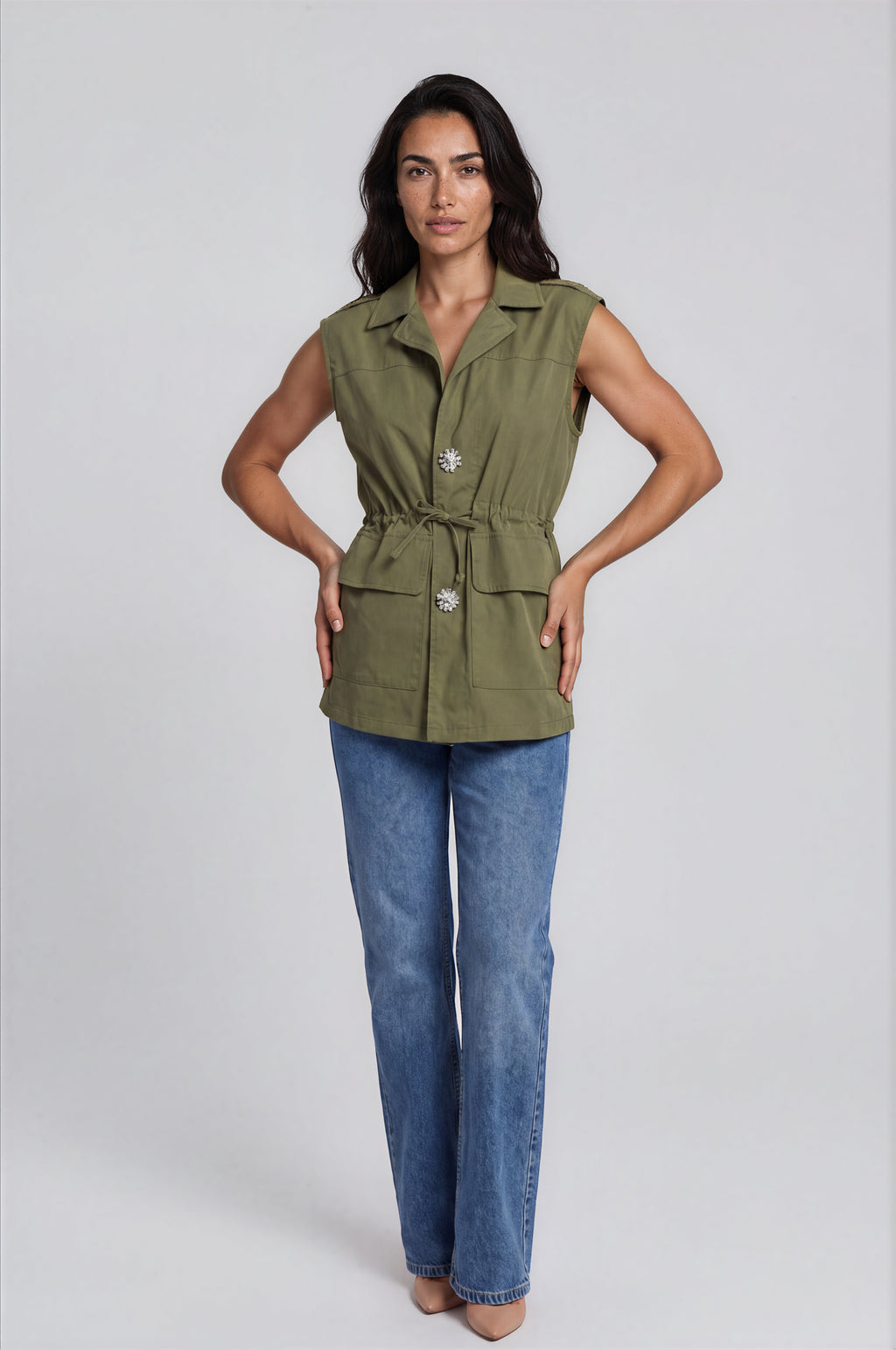 Utility Vest with Jewel Button Detail