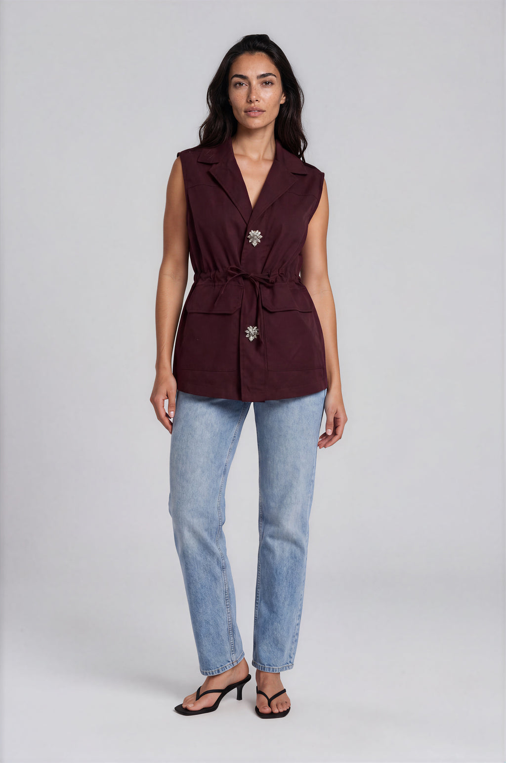 Utility Vest with Jewel Button Detail