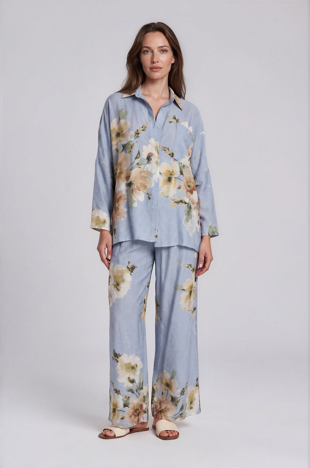Watercolor Floral Shirt & Wide-Leg Pants Set