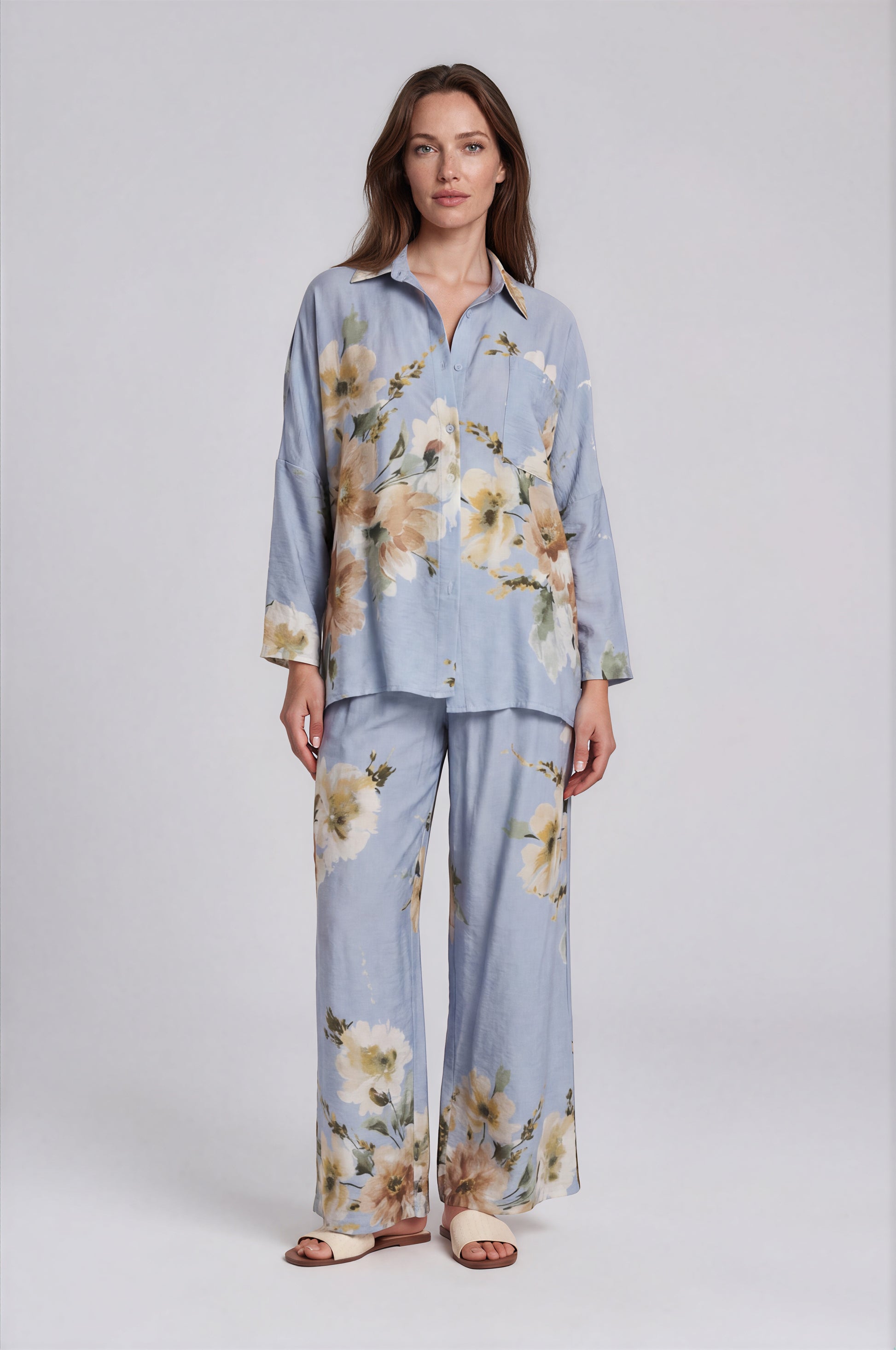 Watercolor Floral Shirt & Wide-Leg Pants Set
