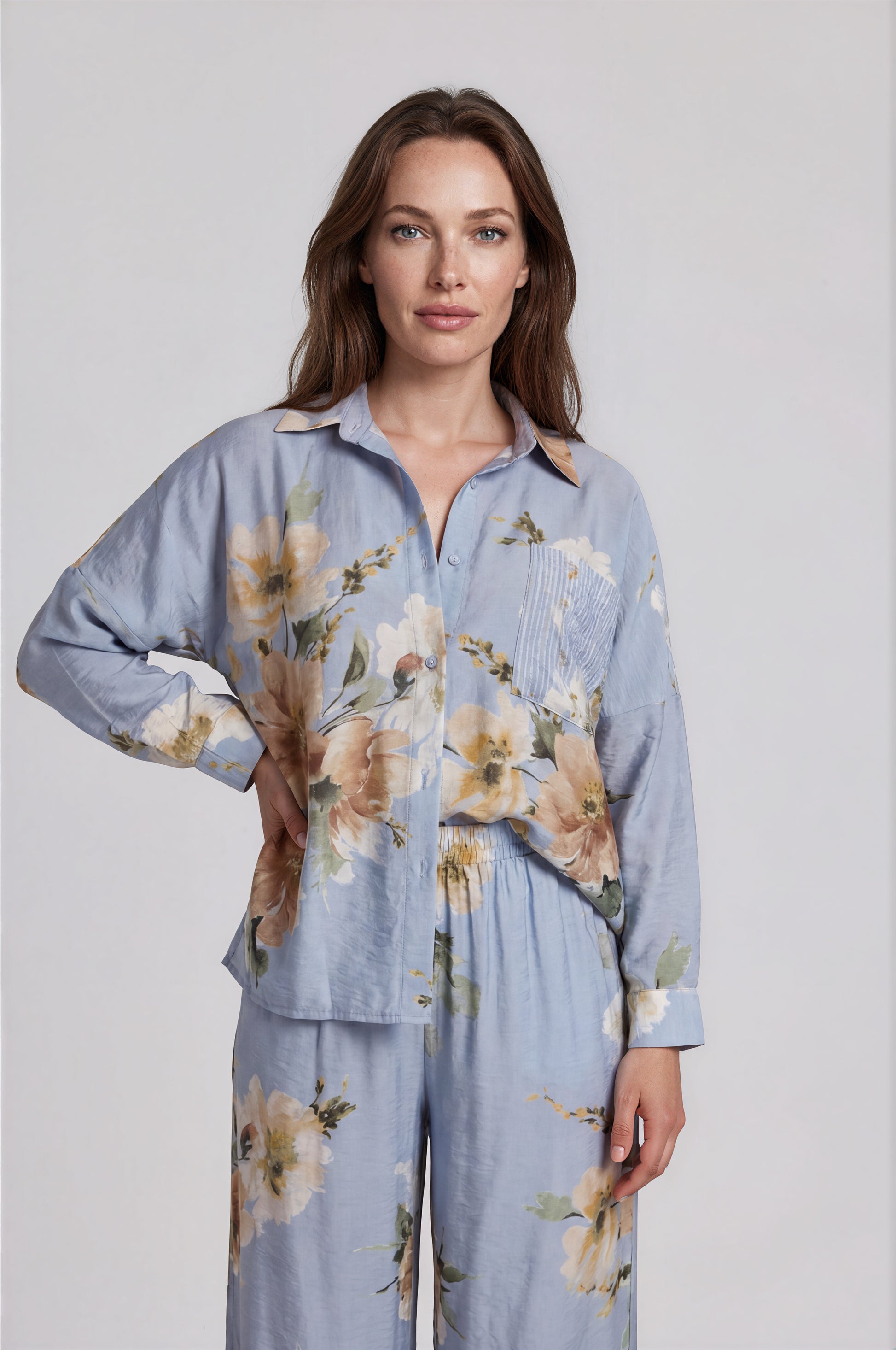 Watercolor Floral Shirt & Wide-Leg Pants Set