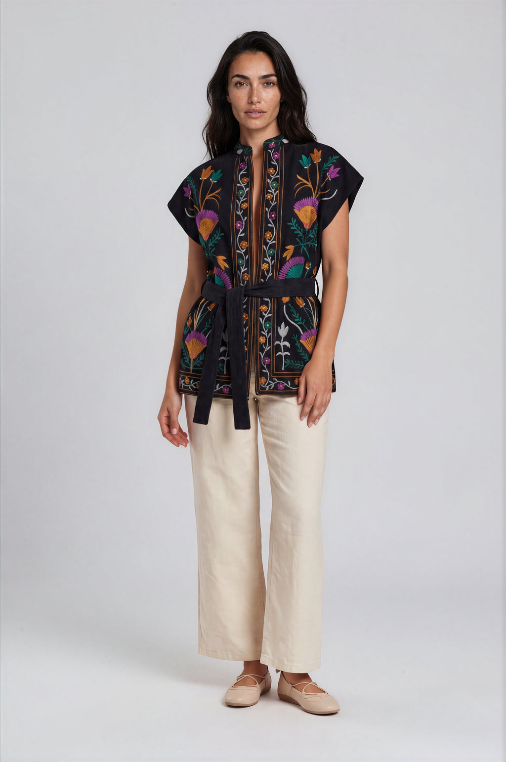Embroidered Floral Belted Vest