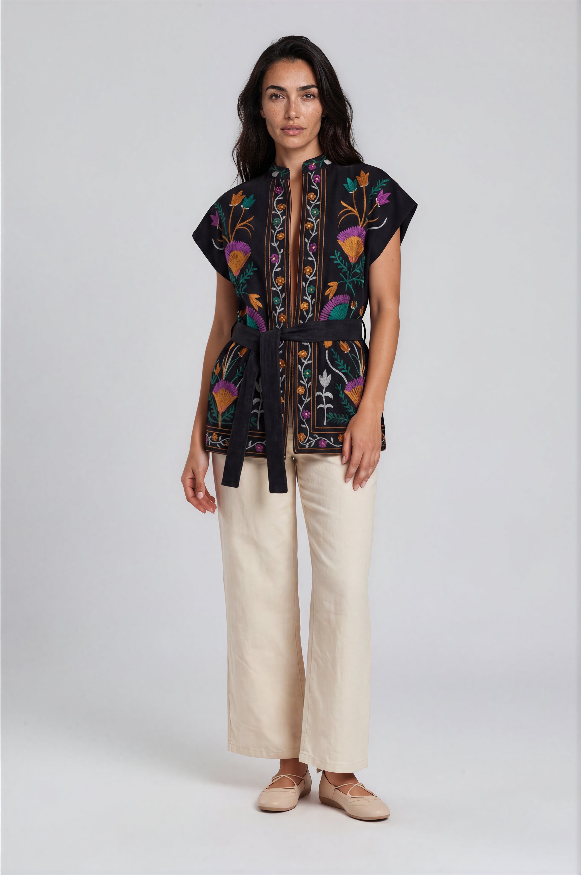 Embroidered Floral Belted Vest