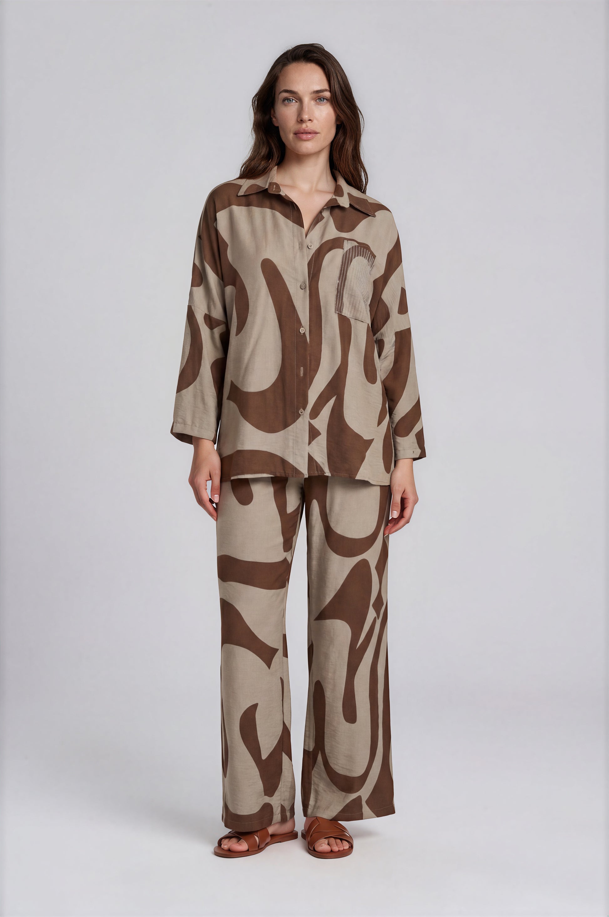 Abstract Print Shirt & Wide-Leg Pants Set