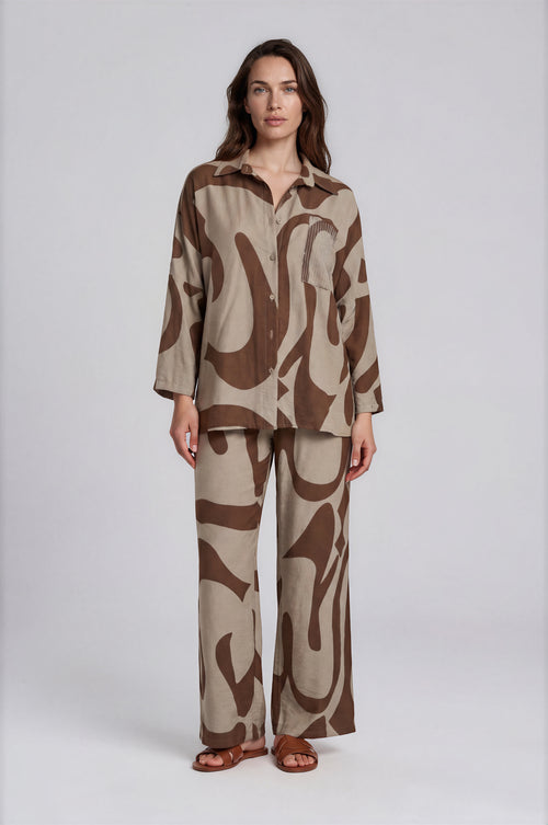 Abstract Print Shirt & Wide-Leg Pants Set