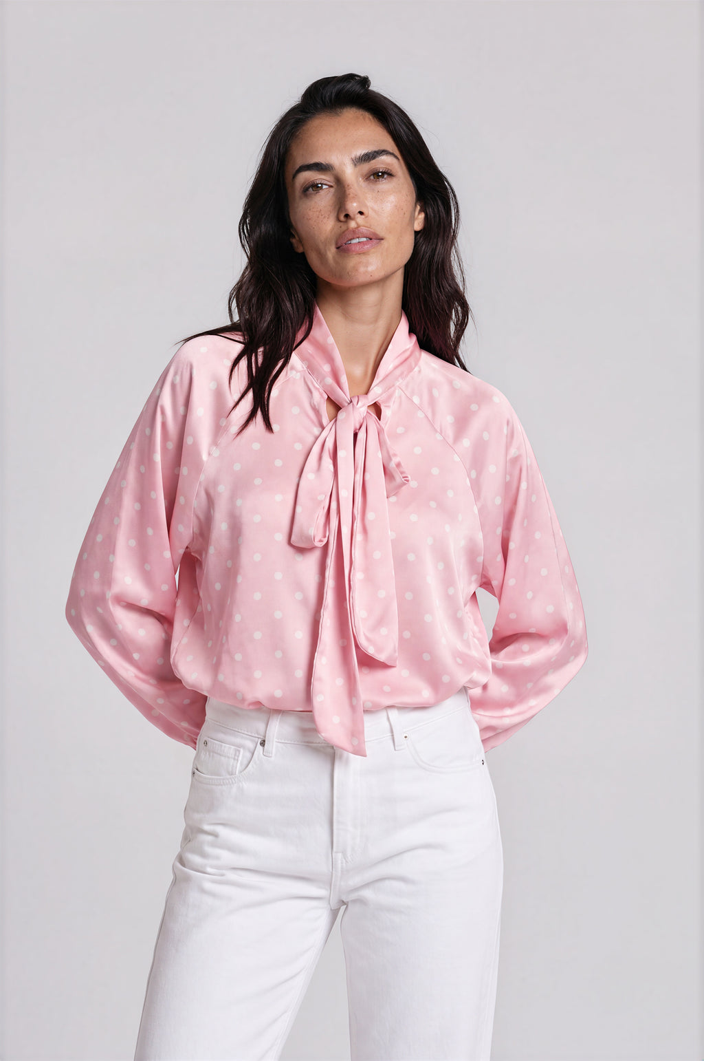 Polka Dot Tie-Neck Satin Blouse