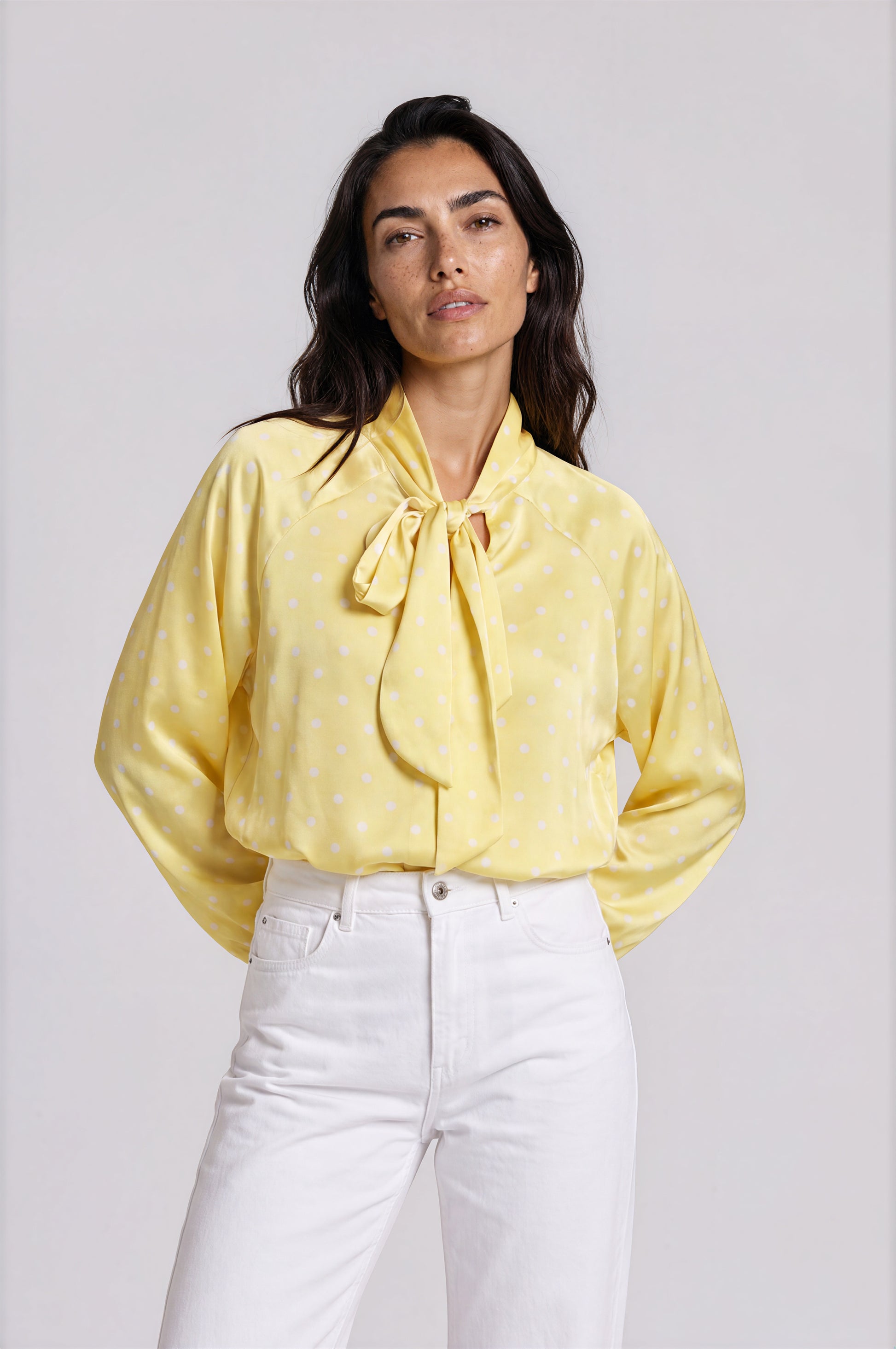 Polka Dot Tie-Neck Satin Blouse