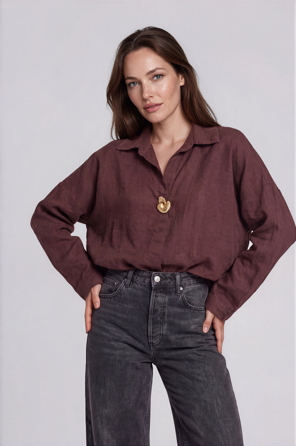 Pure Linen Shirt with Gold Shell Button