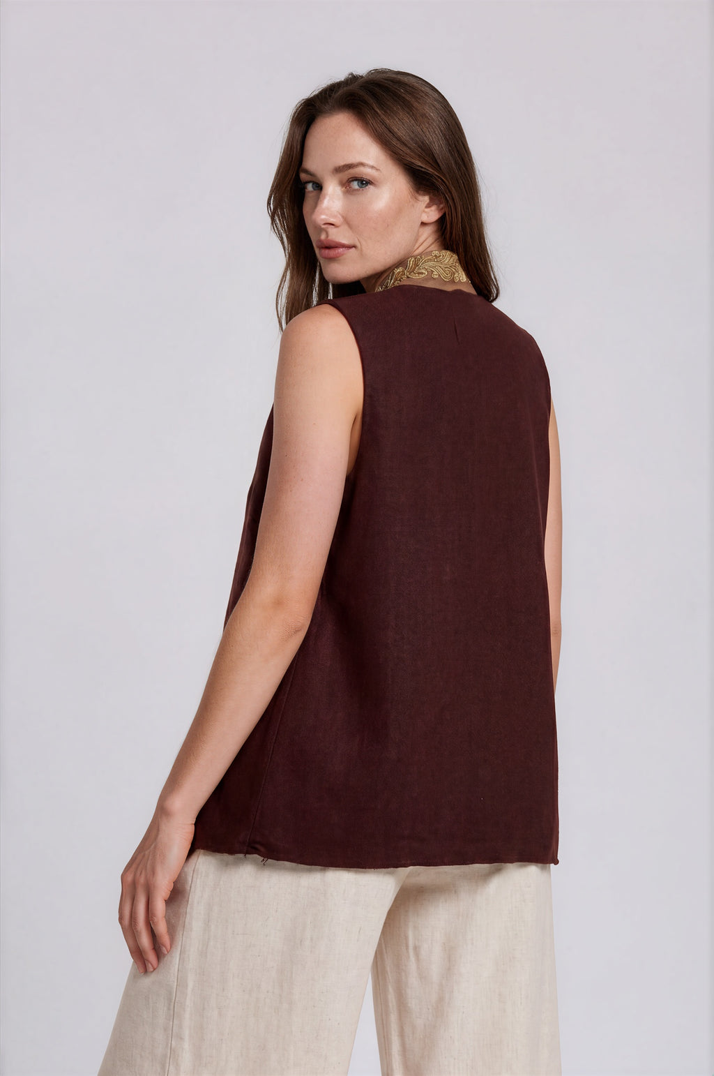 Linen Vest with Gold Paisley Trim