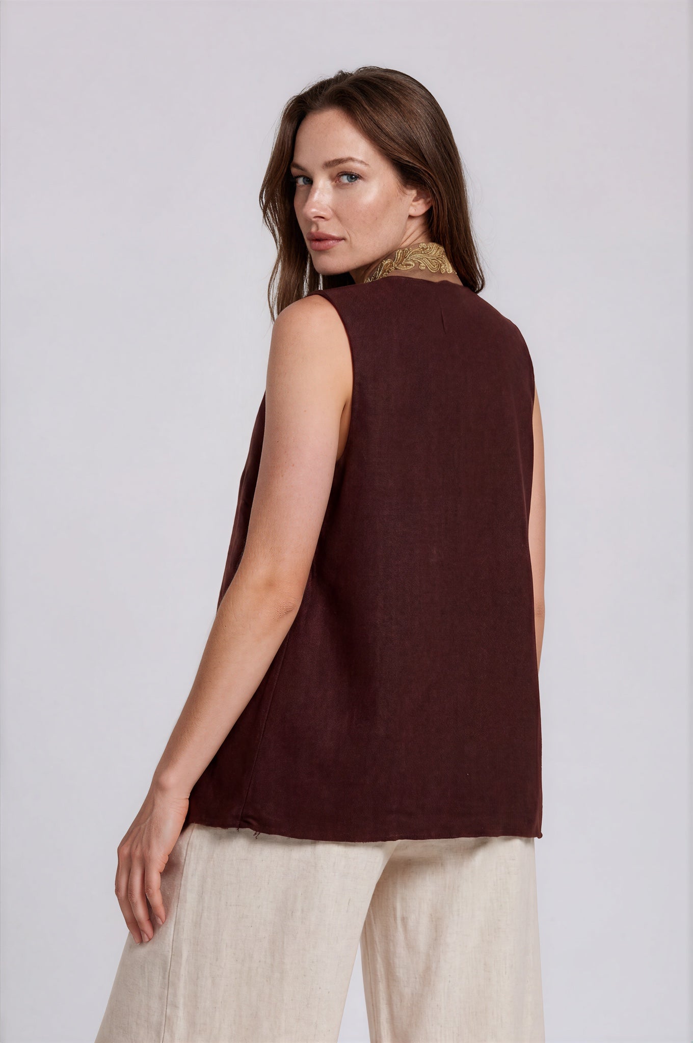 Linen Vest with Gold Paisley Trim
