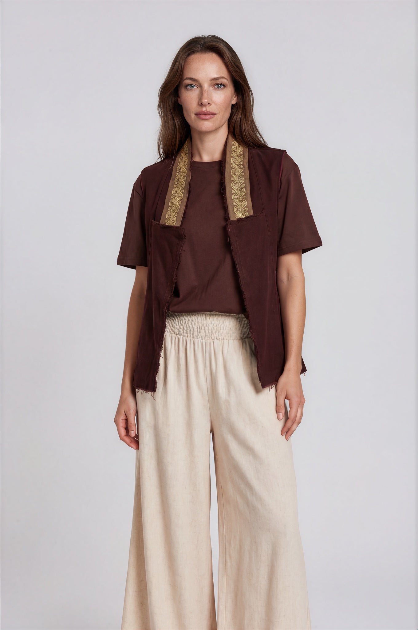 Linen Vest with Gold Paisley Trim