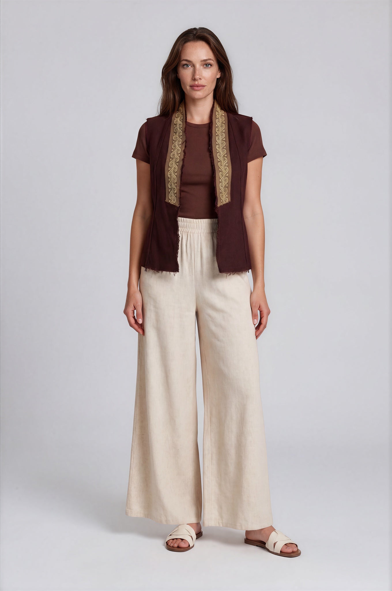 Linen Vest with Gold Paisley Trim