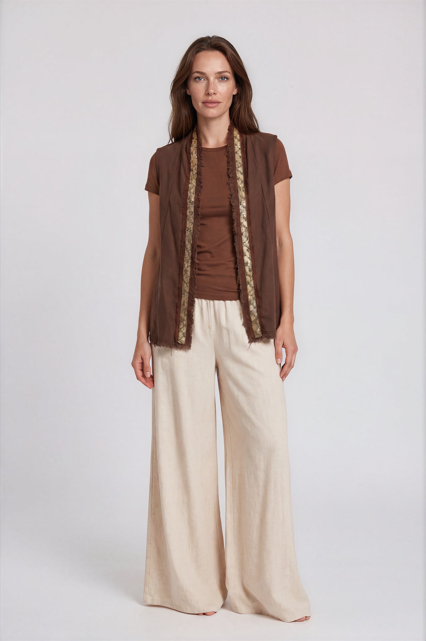 Linen Vest with Gold Paisley Trim