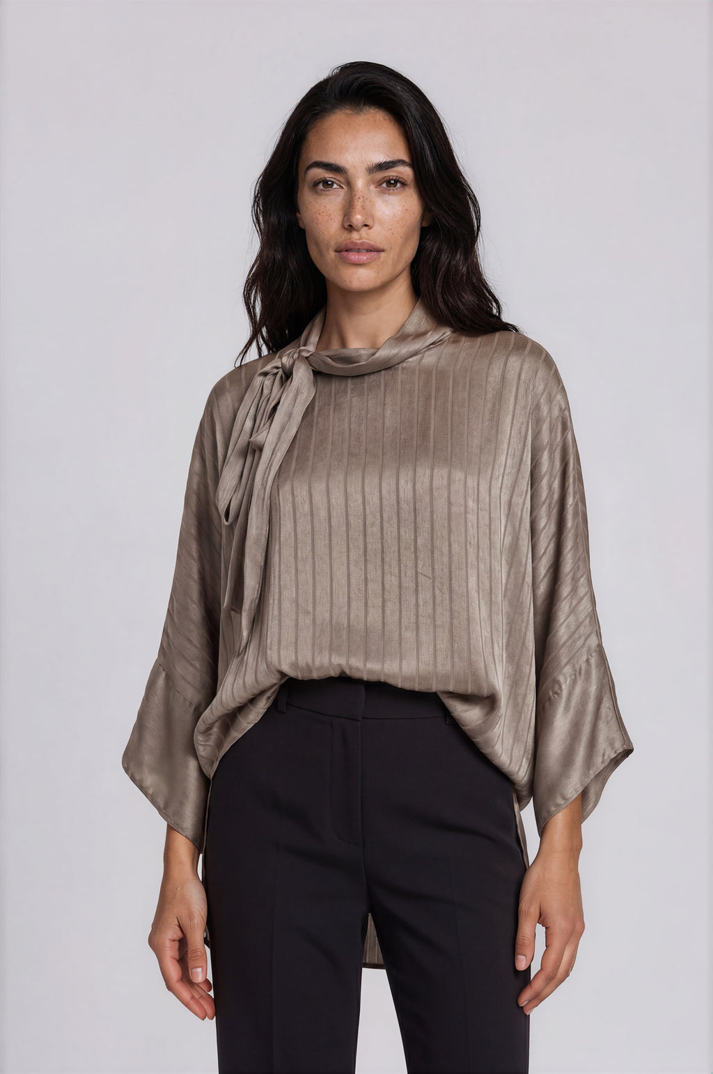 Satin Stripe Tie-Neck Blouse