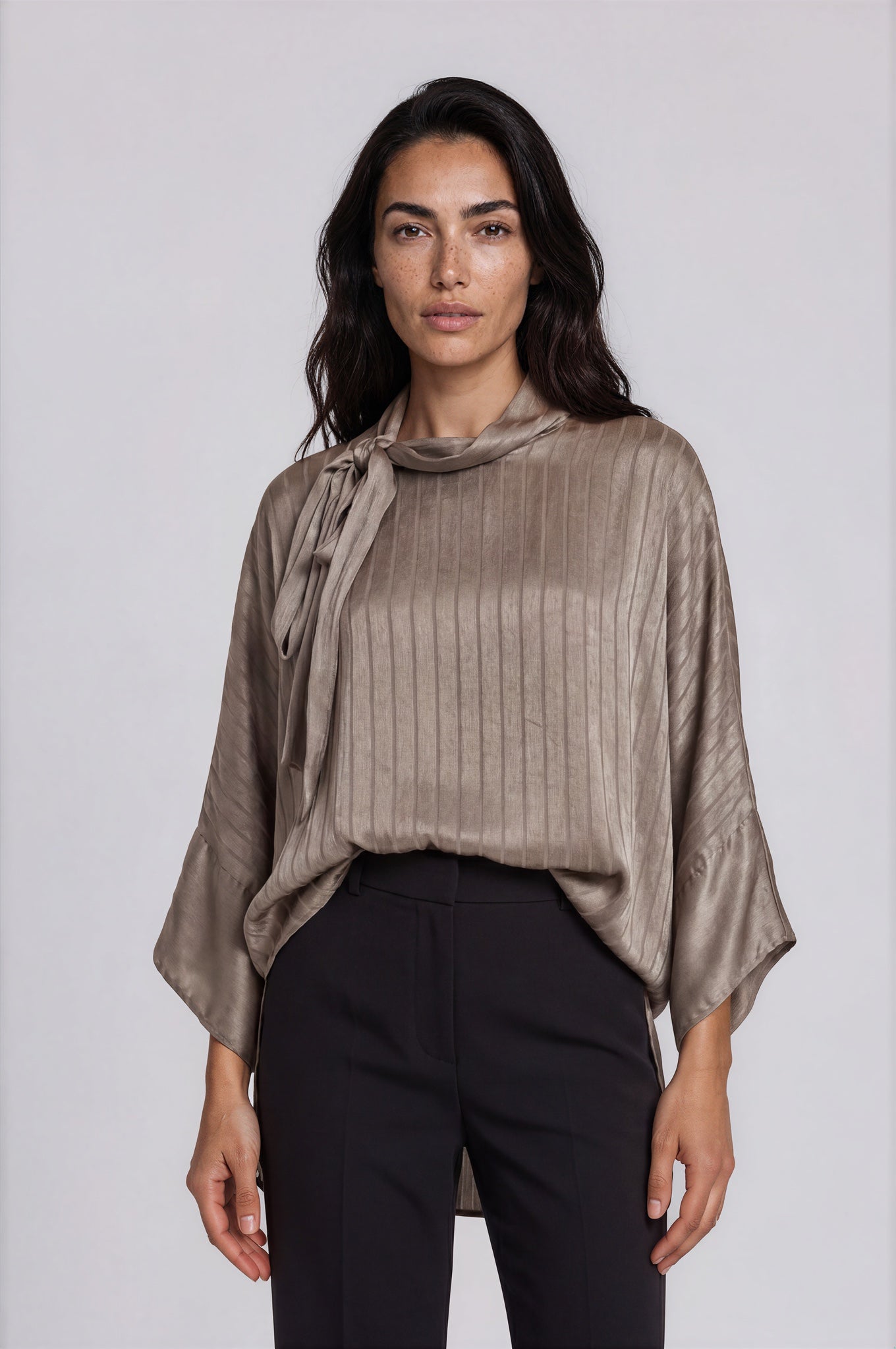 Satin Stripe Tie-Neck Blouse