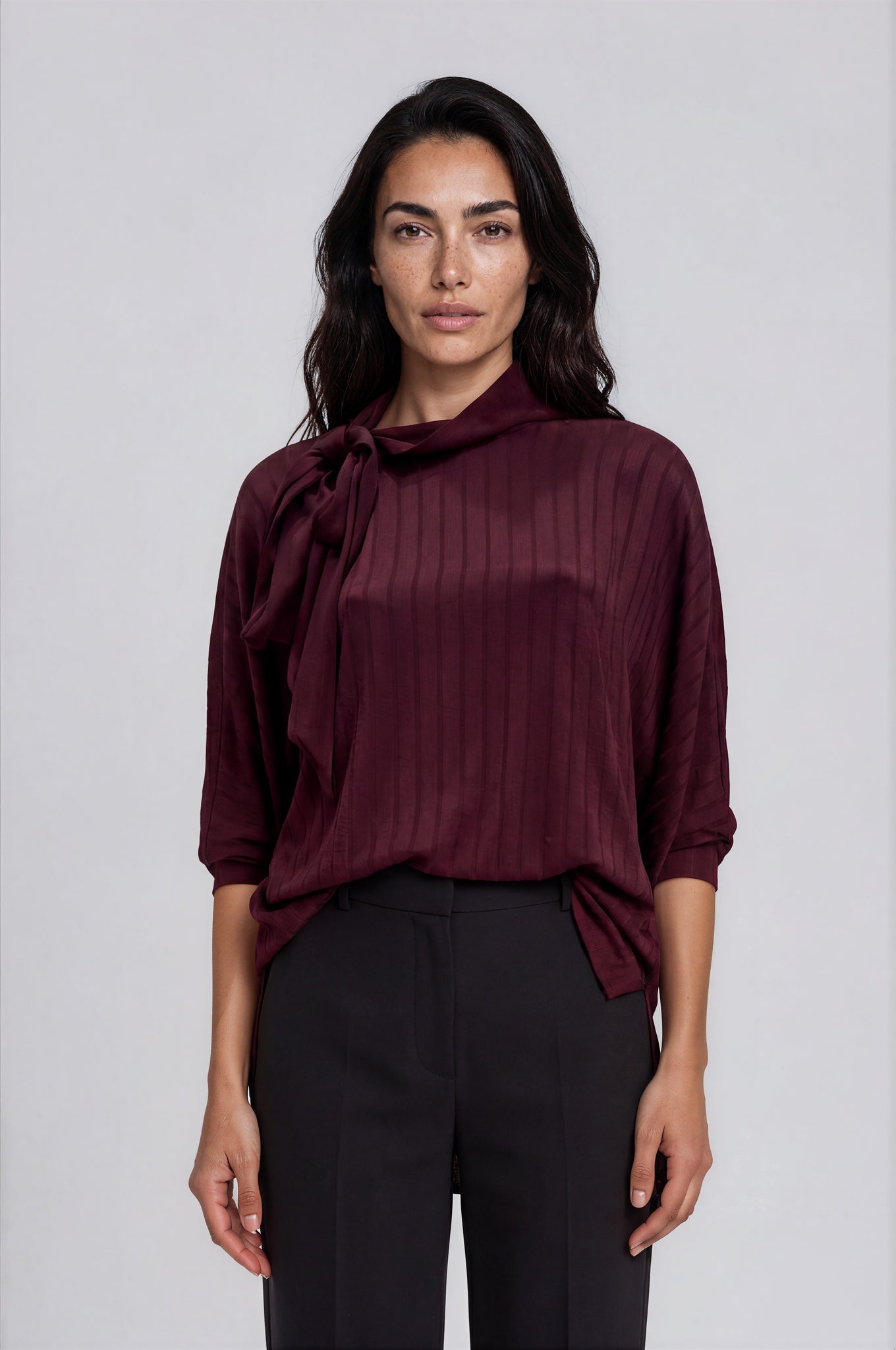 Satin Stripe Tie-Neck Blouse
