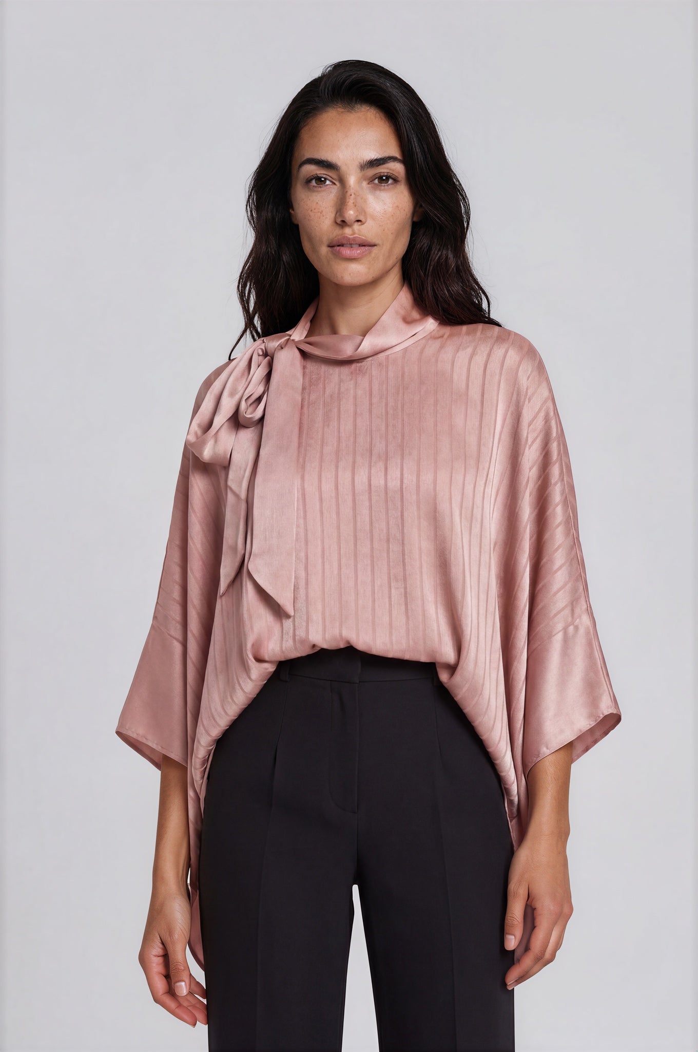 Satin Stripe Tie-Neck Blouse