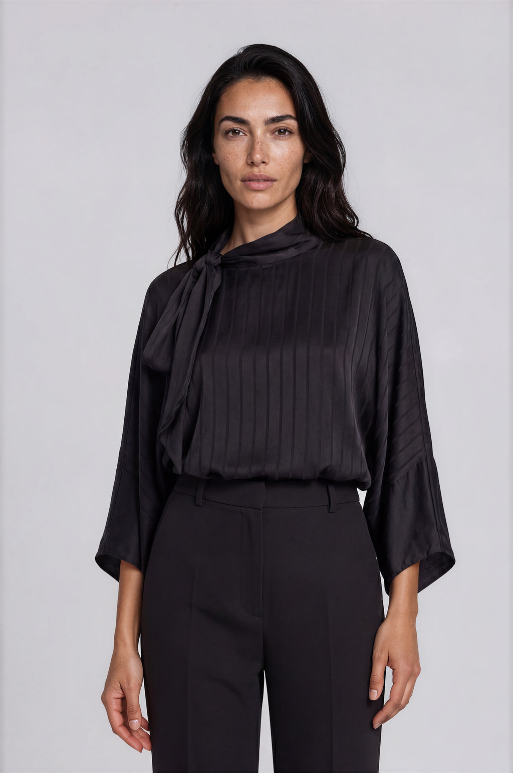 Satin Stripe Tie-Neck Blouse
