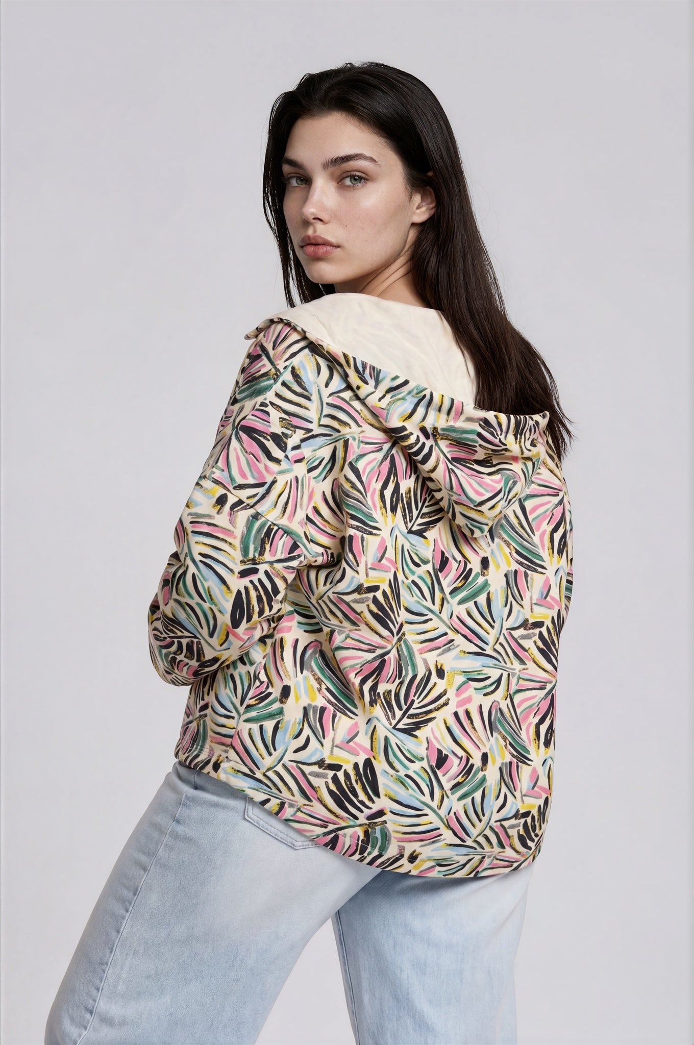 Tropical Leaf Print Hooded Jacket