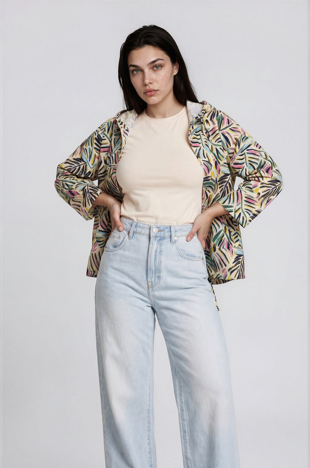 Tropical Leaf Print Hooded Jacket