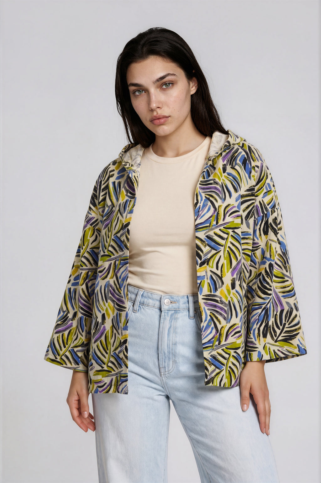 Tropical Leaf Print Hooded Jacket