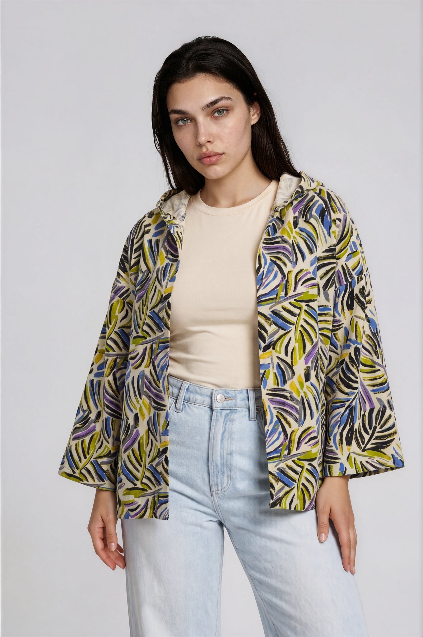 Tropical Leaf Print Hooded Jacket