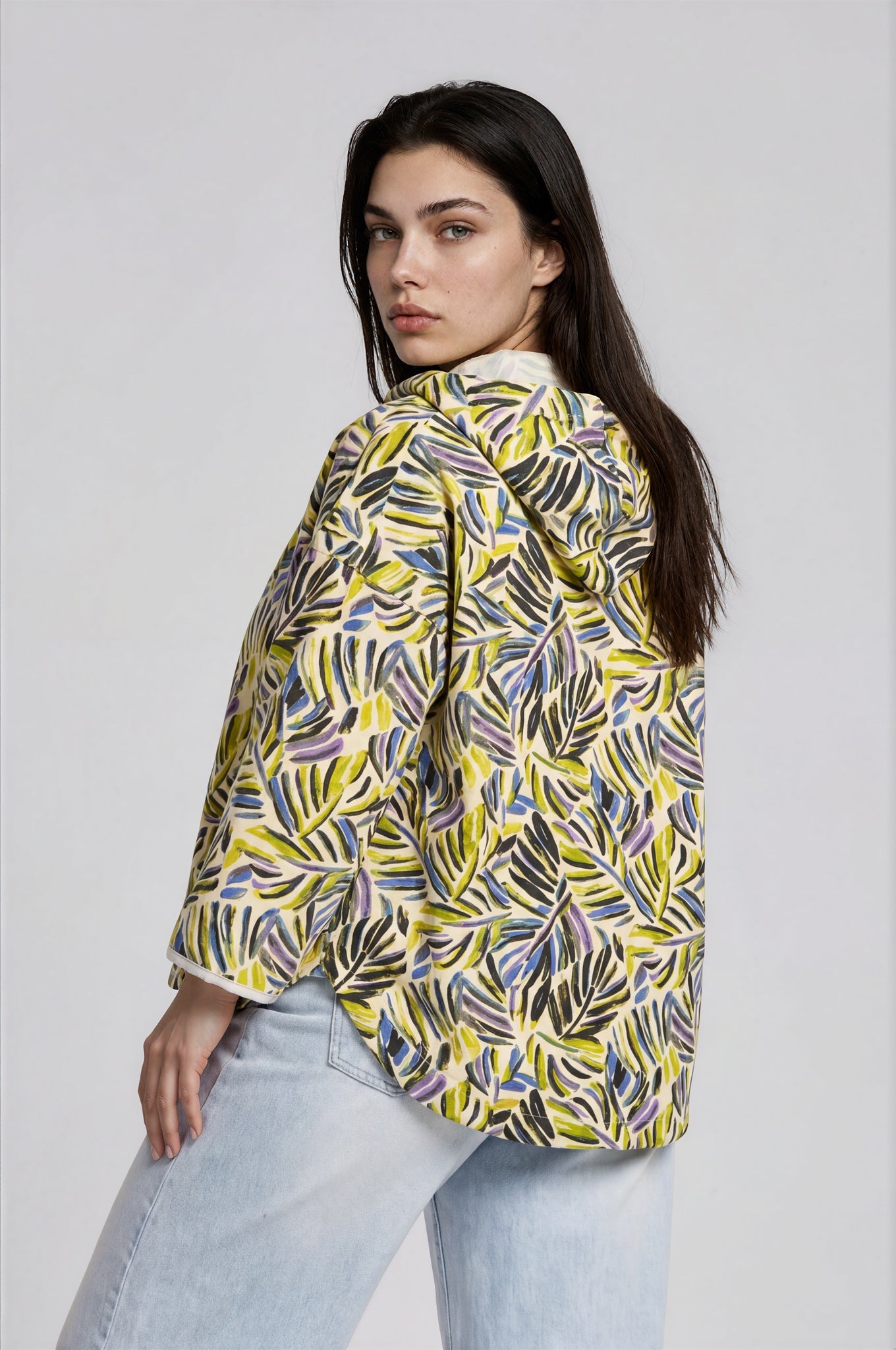 Tropical Leaf Print Hooded Jacket