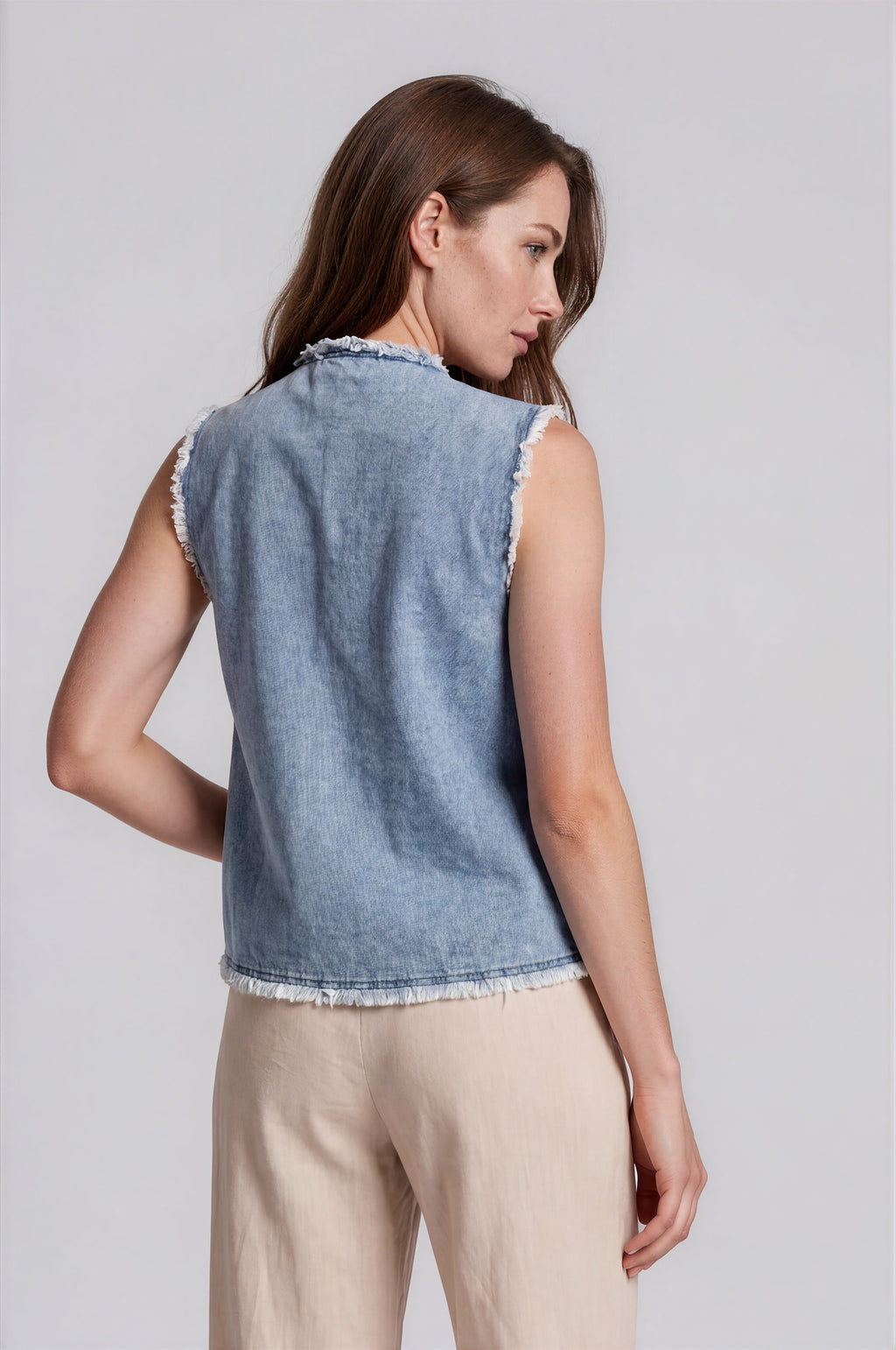 Embroidered Denim Vest with Frayed Trim