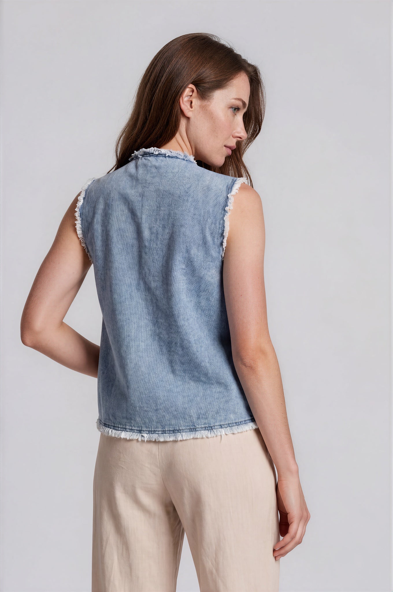 Embroidered Denim Vest with Frayed Trim