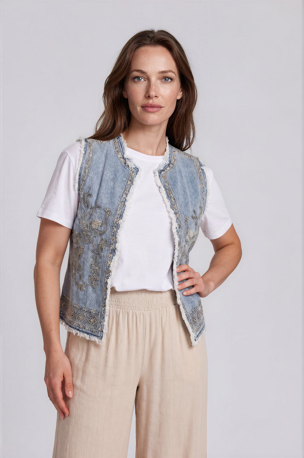 Embroidered Denim Vest with Frayed Trim