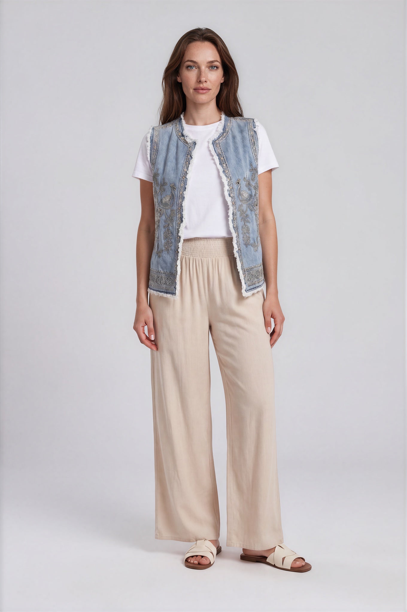 Embroidered Denim Vest with Frayed Trim