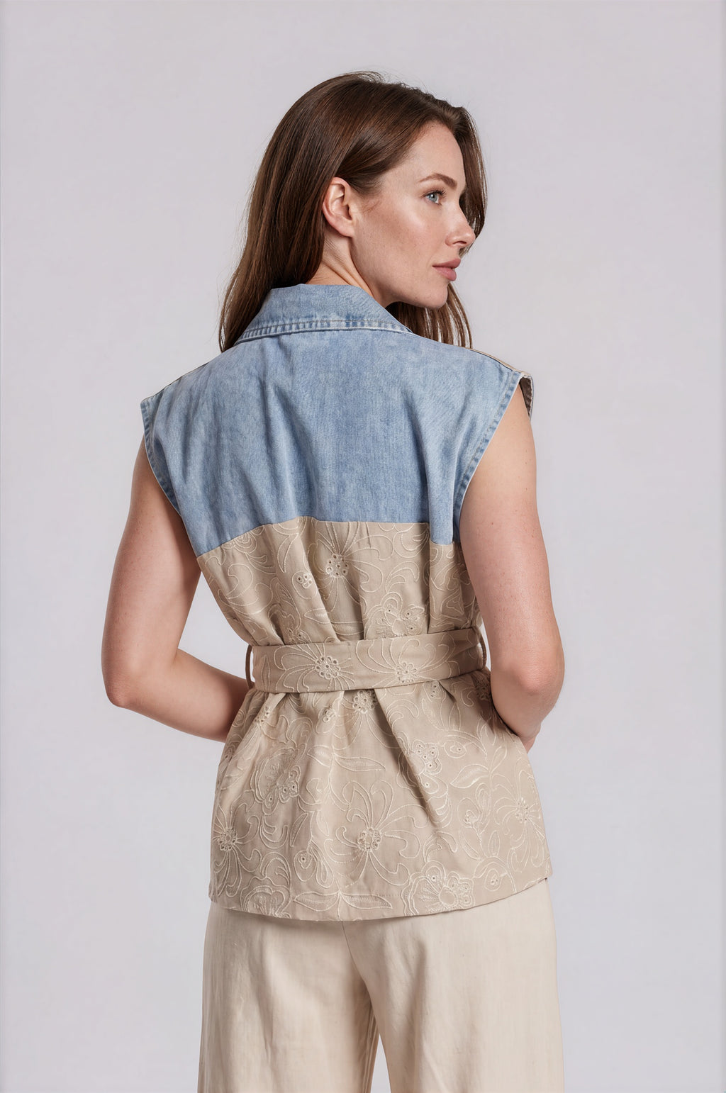 Denim & Embroidered Wrap Vest