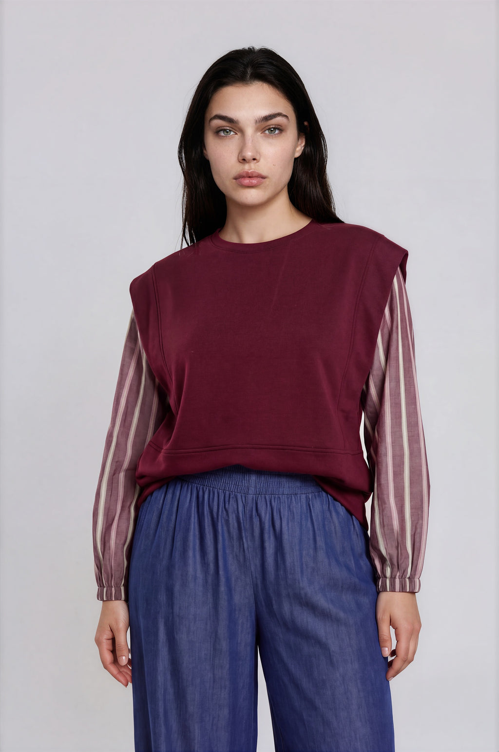 Striped Sleeve Mixed Media Top