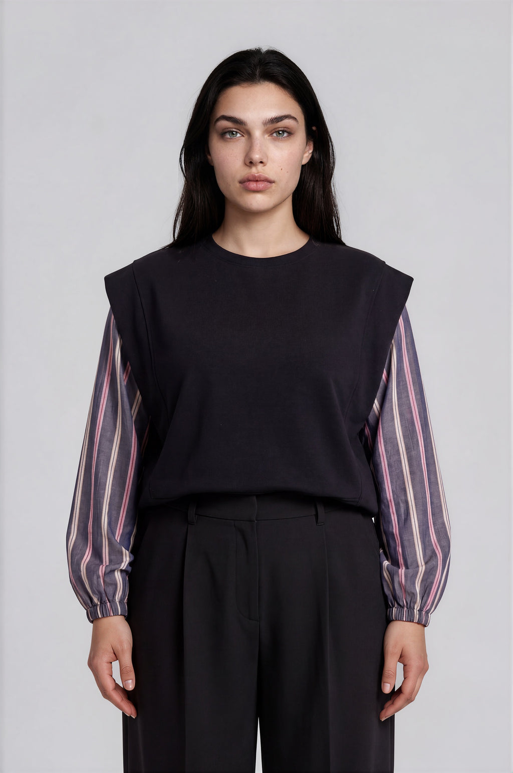 Striped Sleeve Mixed Media Top