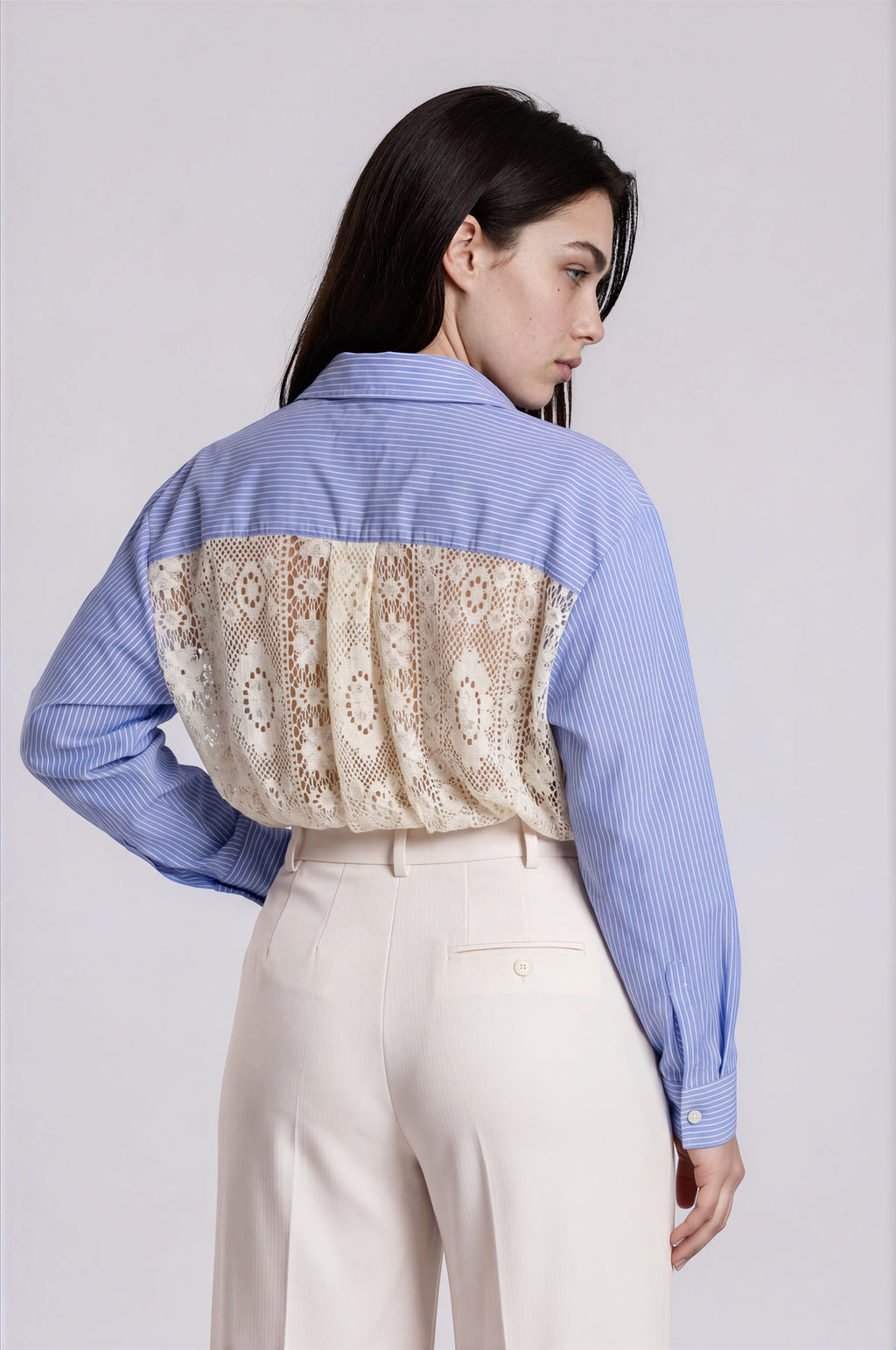 Striped Shirt with Lace Pocket & Back Panel