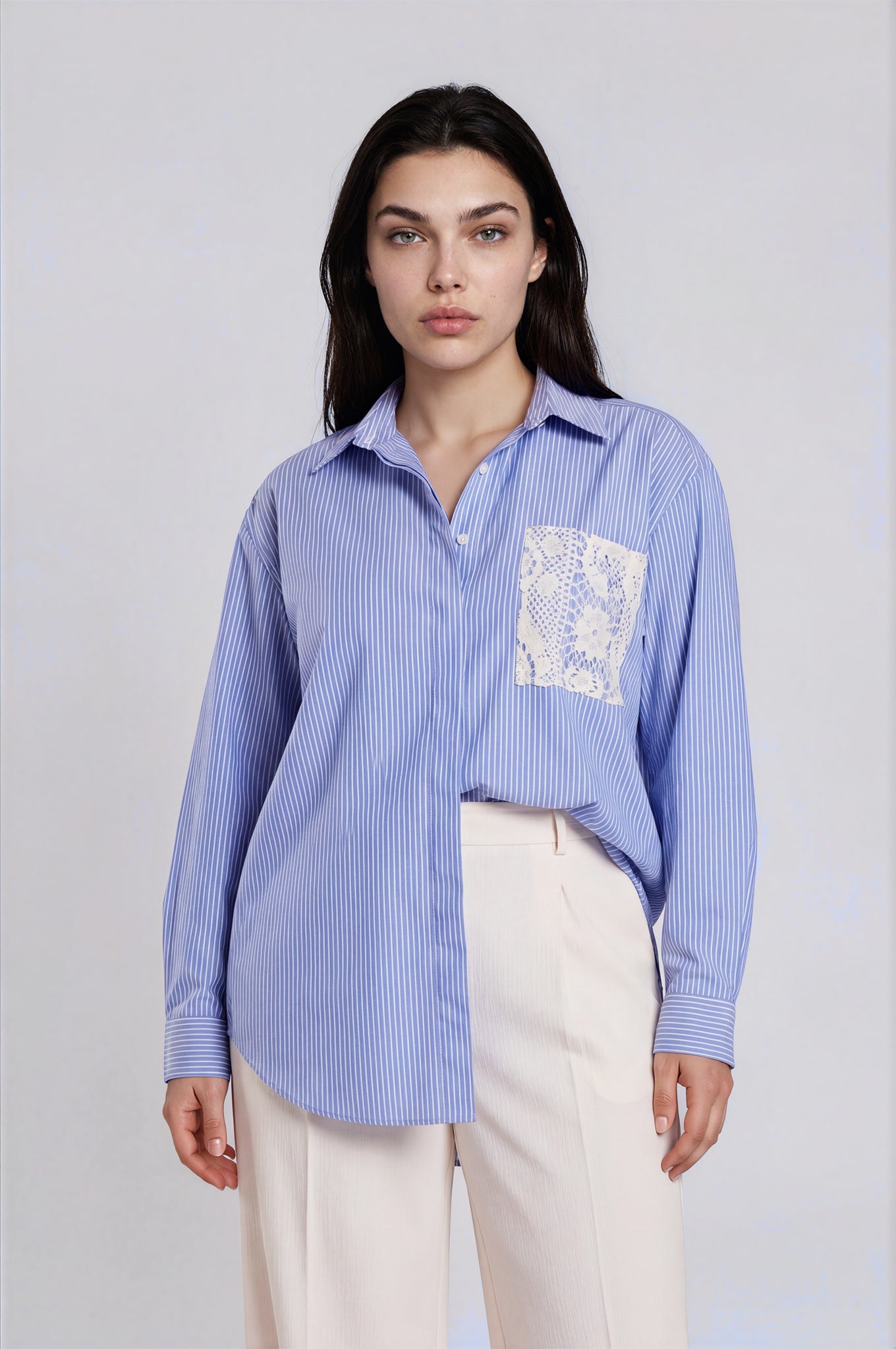 Striped Shirt with Lace Pocket & Back Panel