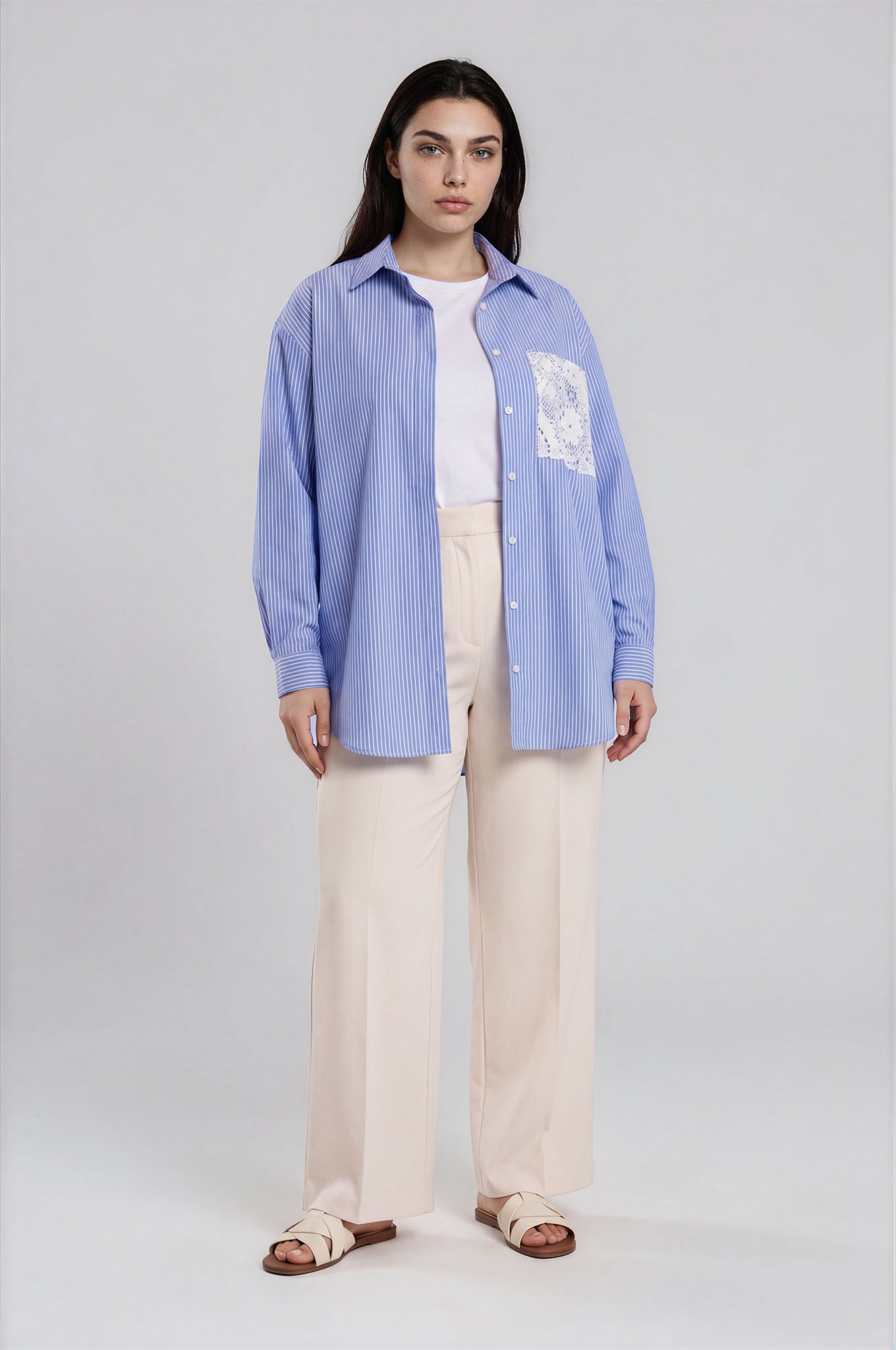 Striped Shirt with Lace Pocket & Back Panel